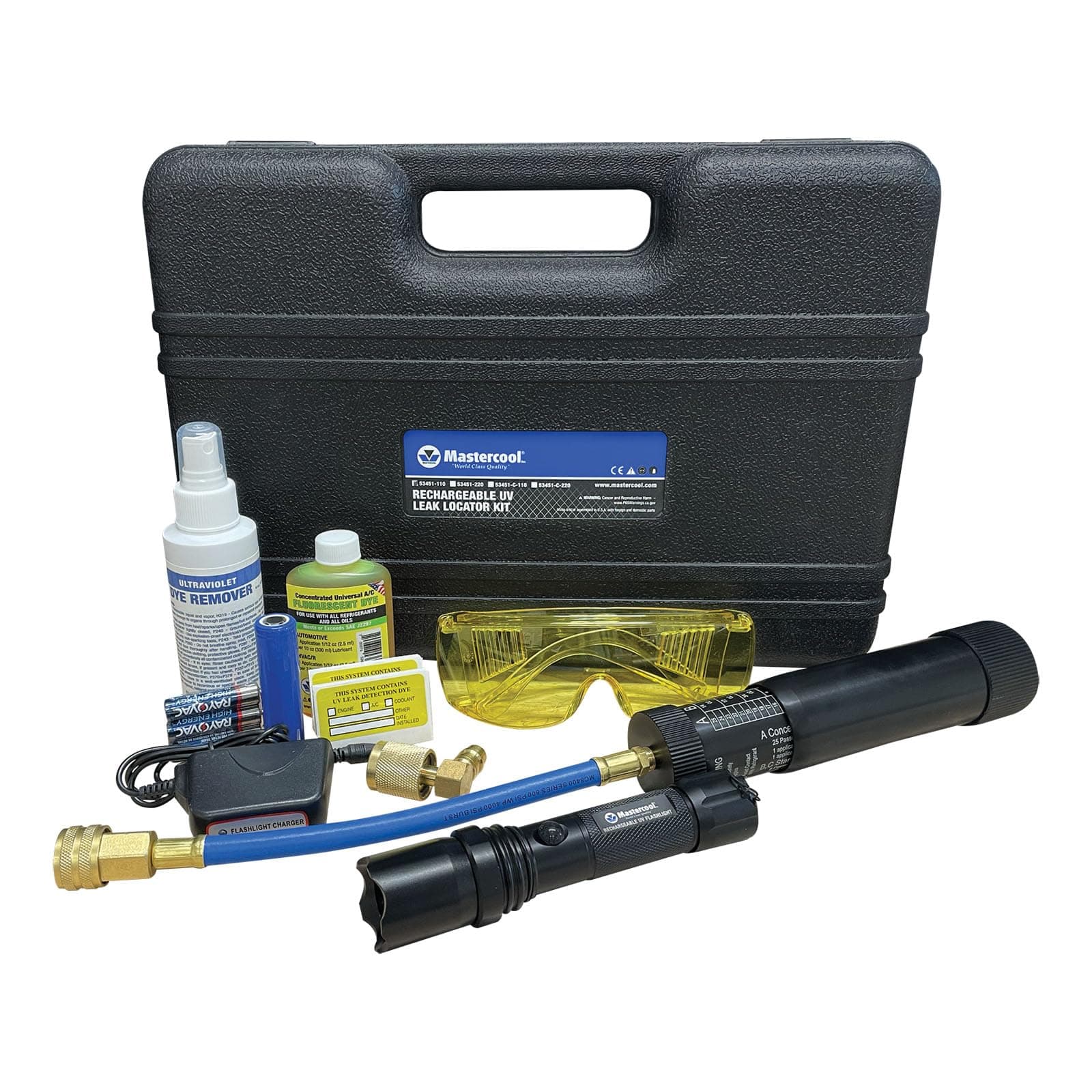 53451-110 Rechargeable UV Leak Detection Kit – Includes High-Intensity UV Flashlight, 2 oz Refillable Dye Injector, Universal Dye, Glasses & Accessories – A/C, Oil, Coolant Leak Locator