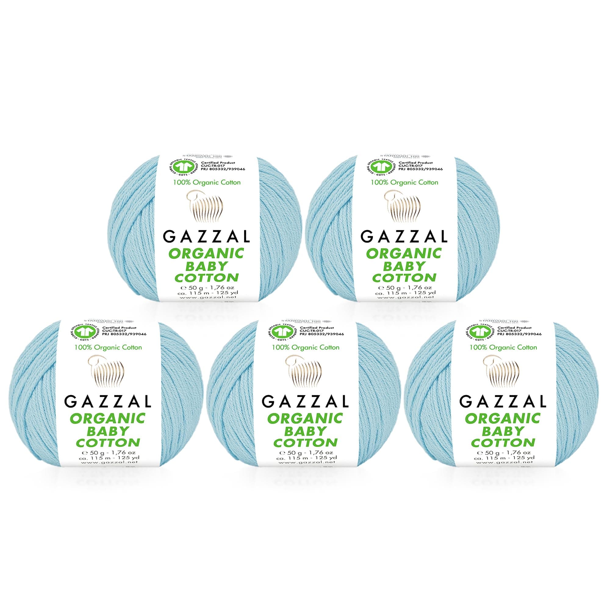 GAZZAL 5 Ball (Pack) Organic Baby Cotton Yarn, Total 8.8 Oz. 100% Organic Cotton, Each 1.76 Oz (50g) / 125 Yrds (115 m), 3 Light DK, Blue - 423