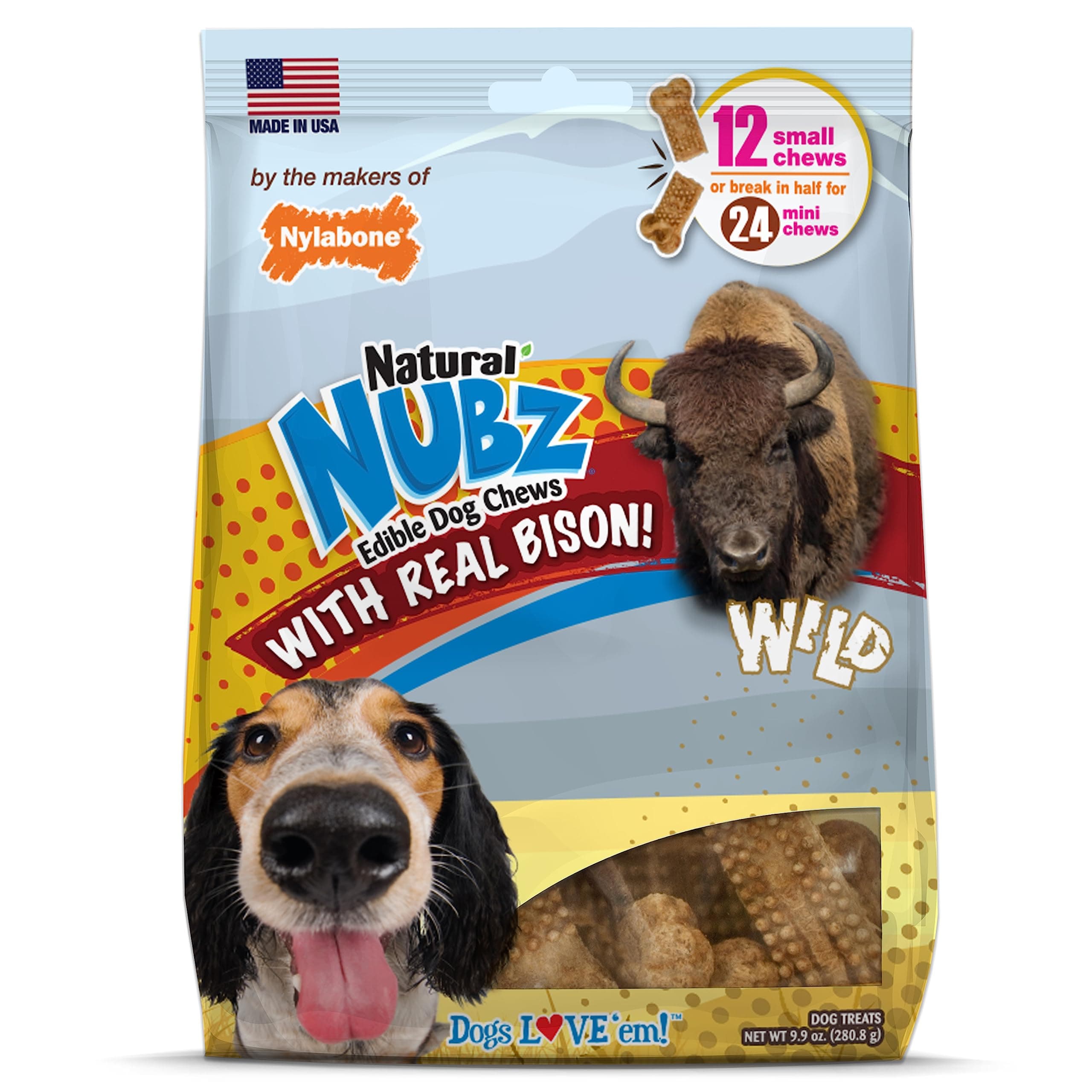Nylabone Nubz Wild Natural Dog Chew Treats for Small Dogs, Long Lasting Dog Chew Bones Made in USA, Bison Flavor, for Dogs Up to 25 lbs. (12 Count)