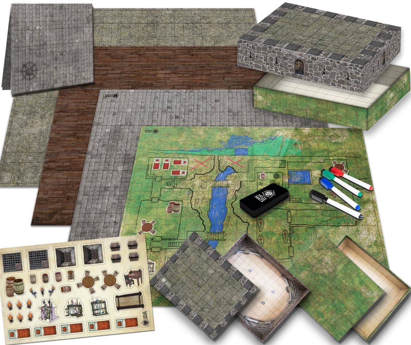 Melee Mats Deluxe DnD Game Mat Set - 4 Terrains (Tavern, Moss, Cobblestone, Dungeon) - Dry Erase RPG Miniatures Mat - Portable Reusable Board Game for 2-10 Players, Ages 14 and Above