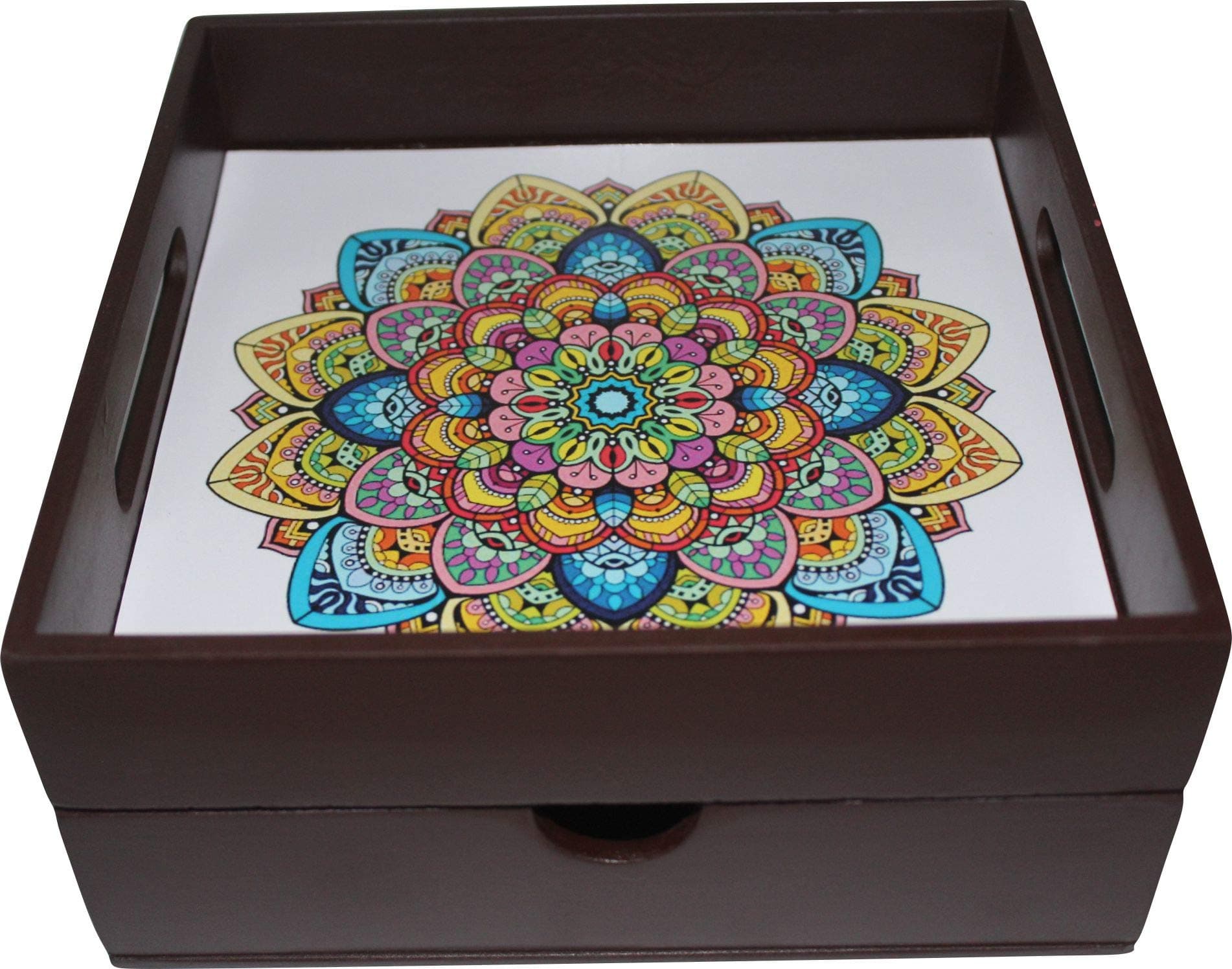 Enigmatic Woodworks Wooden Tray with Drawer Kitchen Tray or Home Decor Tray 8.25 x 4 x 8.25 Inches Rangoli Theme (Brown Color)
