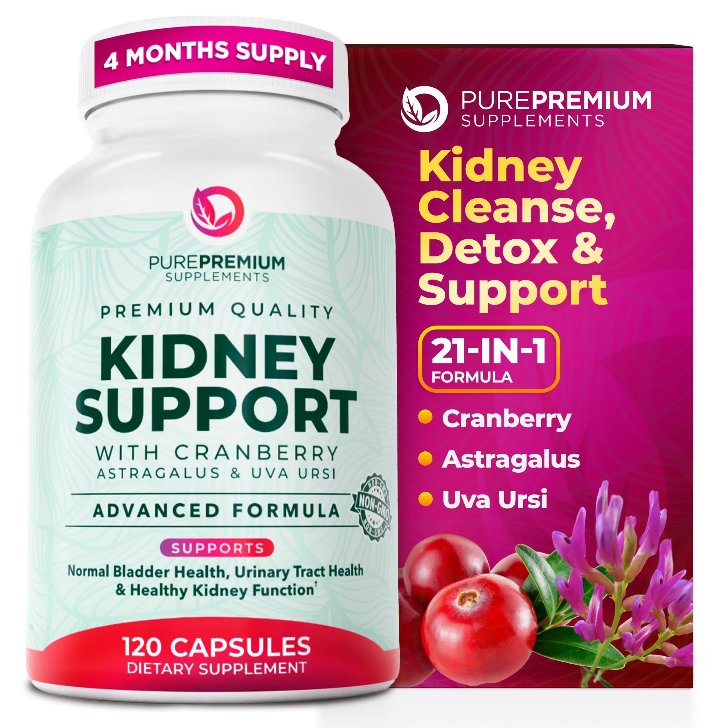 PurePremium Kidney Support Supplement β Kidney Cleanse Detox & Repair with Cranberry Extract & Astragalus - 21-in-1 Complex Supports Normal Bladder, Urinary Tract & Kidneys Health - 120 Day Supply