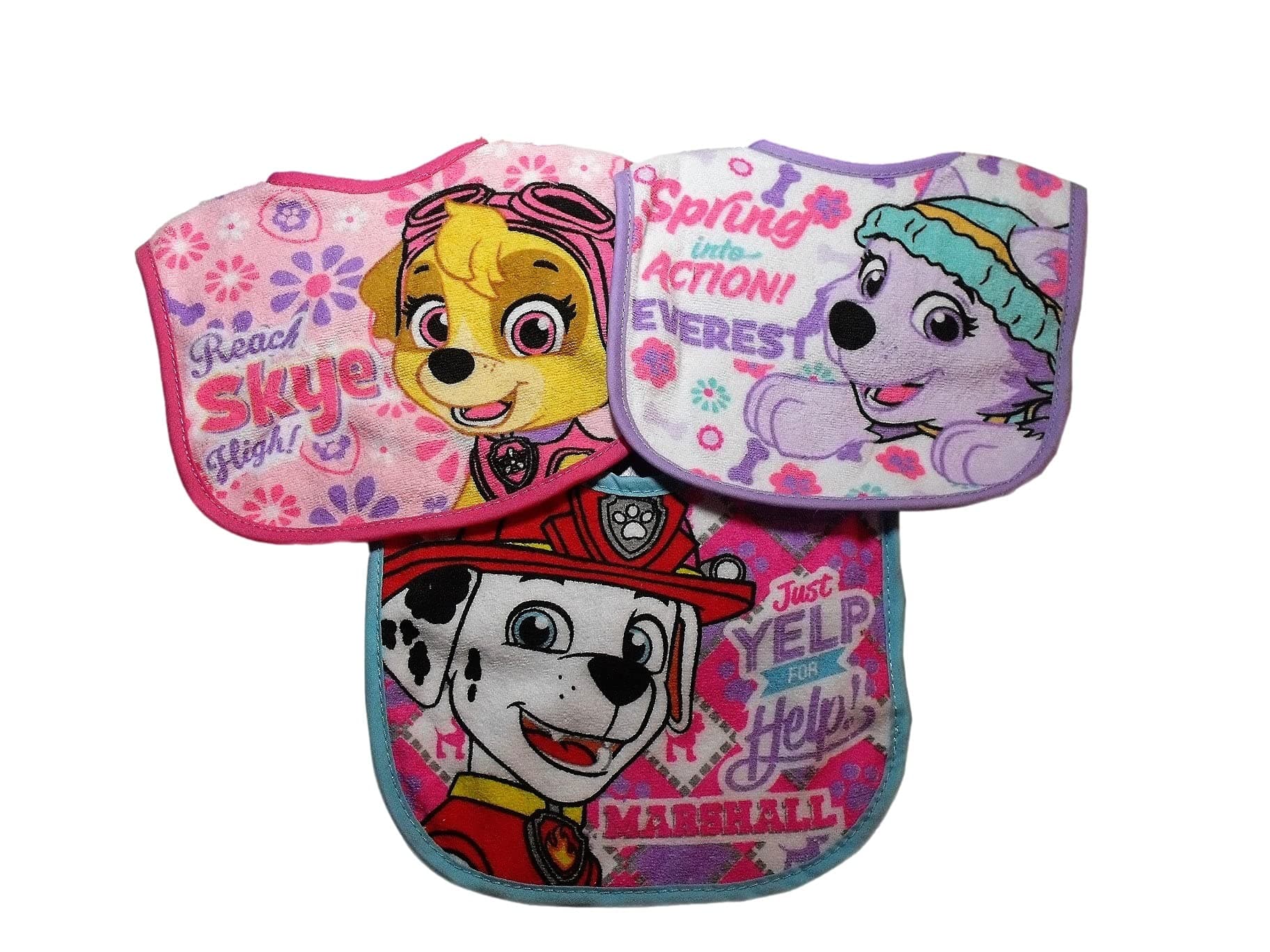 Paw Patrol Baby Girl Bib Set of 3 Skye Everest Marshall Hook Loop Closure