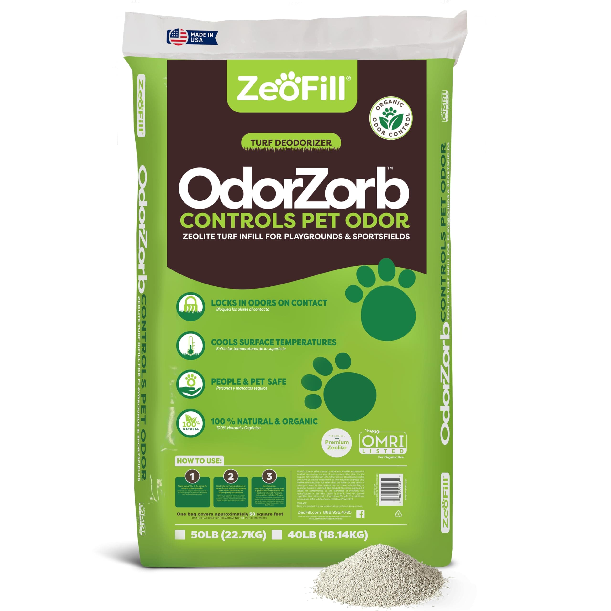 ZEOFILL Premium Outdoor Odor Infill - 40lbs. Bag – Eliminates Pet Urine Odors on Artificial Turf, Grass, Playgrounds, & Sport Fields – 97% Pure Clinoptilolite Zeolite – Odor Eliminator & Deodorizer