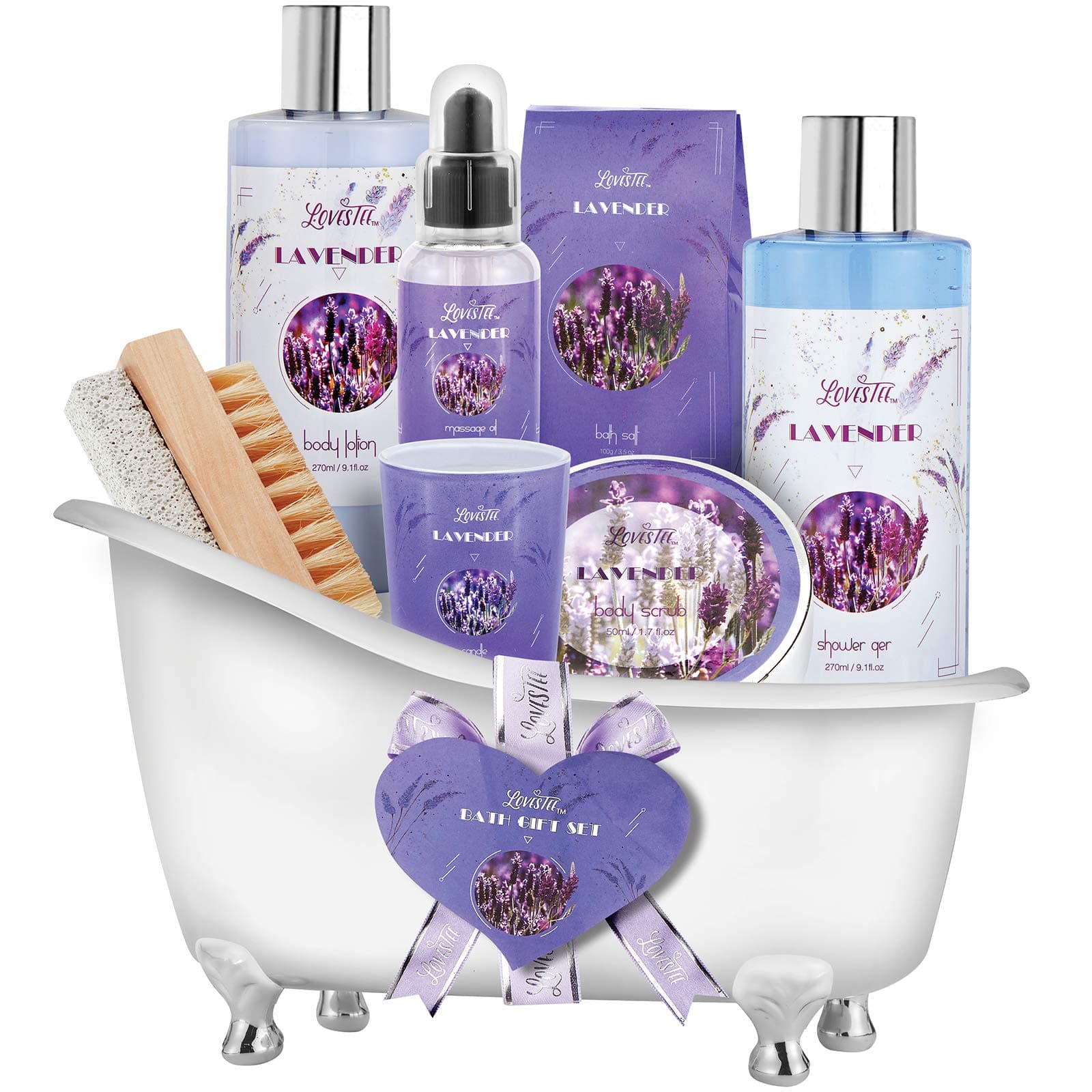 Christmas Gifts, Relaxing Lavender Spa Gift Baskets for Wome Birthday, Bath and Body Set-Kit Includes Candle, Essential Oil, Body Scrub, Bath Salt, Body Lotion, Shower Gel and Body Scrub Brush