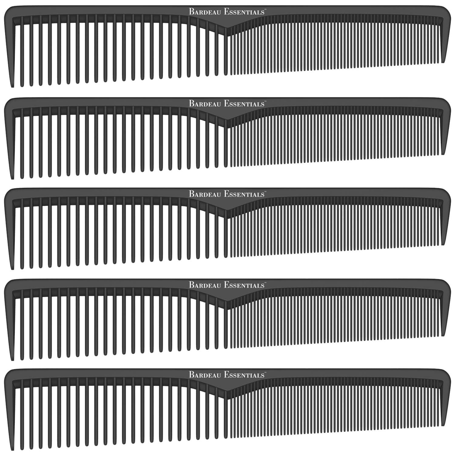 Styling Comb (5 Pack) | Professional 7 Inch Black Carbon Fiber Anti Static Chemical And Heat Resistant Comb For All Hair Types | Fine and Wide Tooth Combs For Men and Women | By Bardeau Essentials