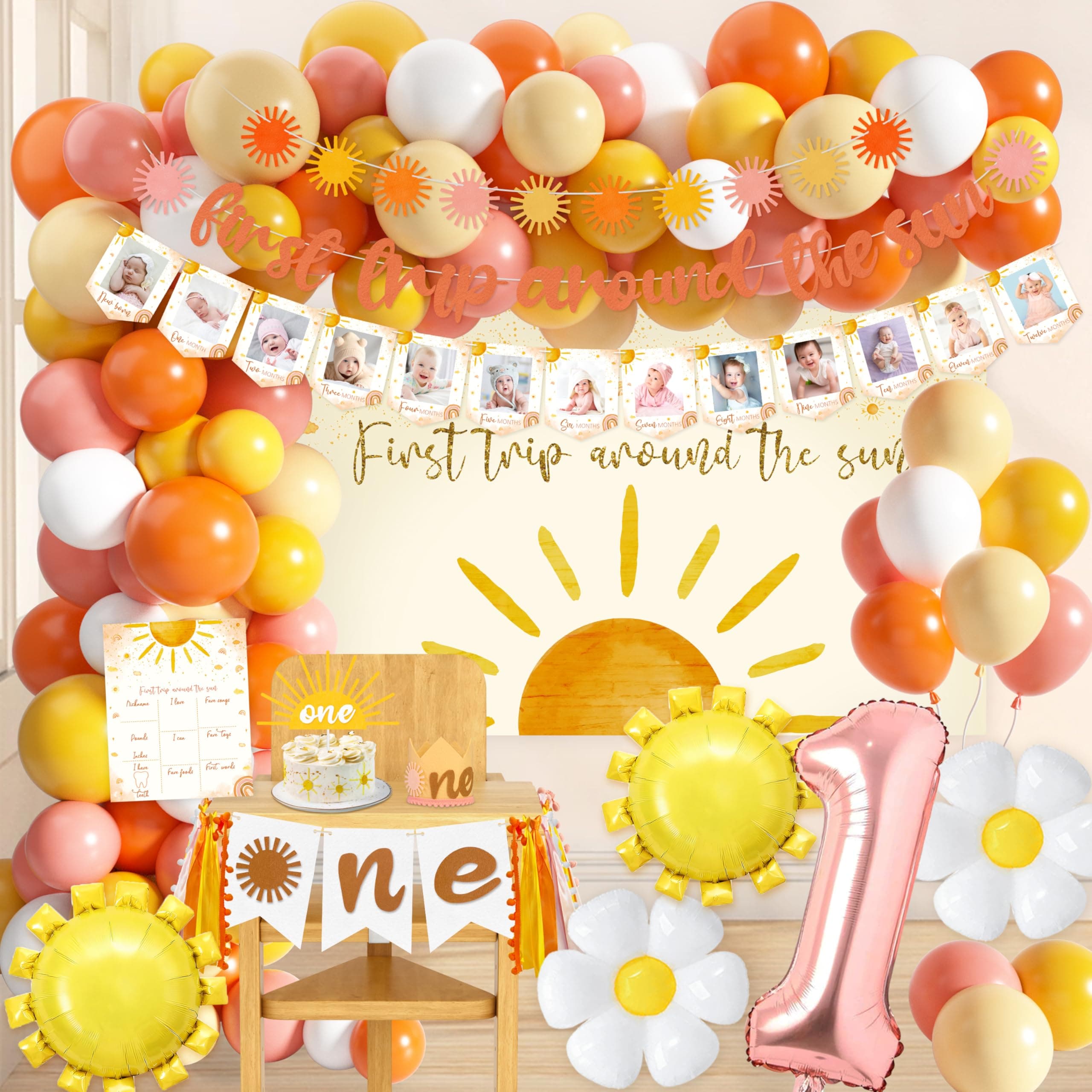 First Trip Around The Sun Birthday Decorations for Girl Boho Sun 1st Birthday Supplies with Backdrop Balloons Garland Monthly Photo Banner for Sun Theme Party