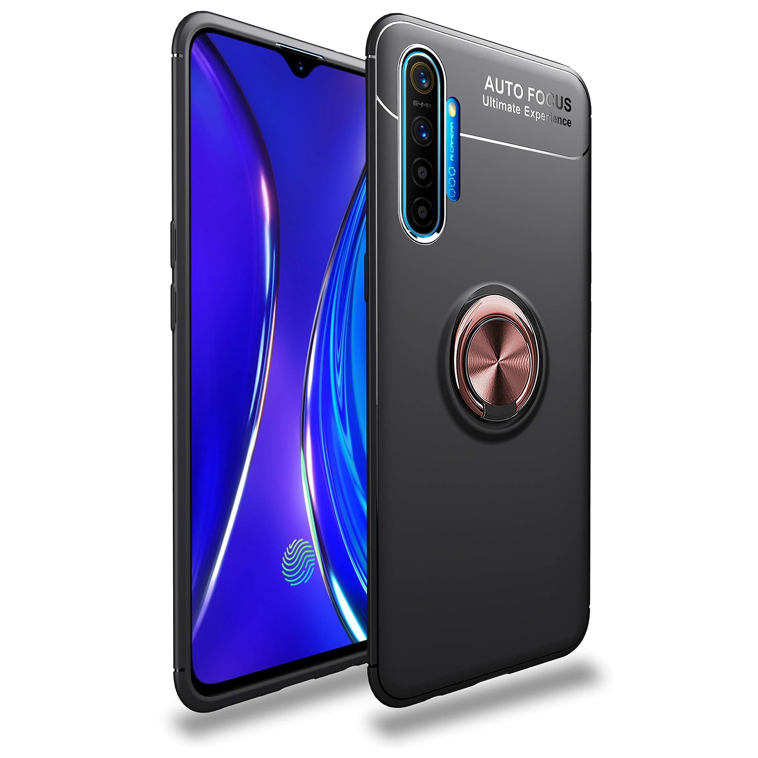 FanTings Case for Oppo Realme XT/Realme X2, 360°Adjustable Rotating Ring Bracket，Compatible with Magnetic Car Mount ，Earthquake Resistance Cover for Oppo Realme XT/Realme X2 -Black+Rose Gold