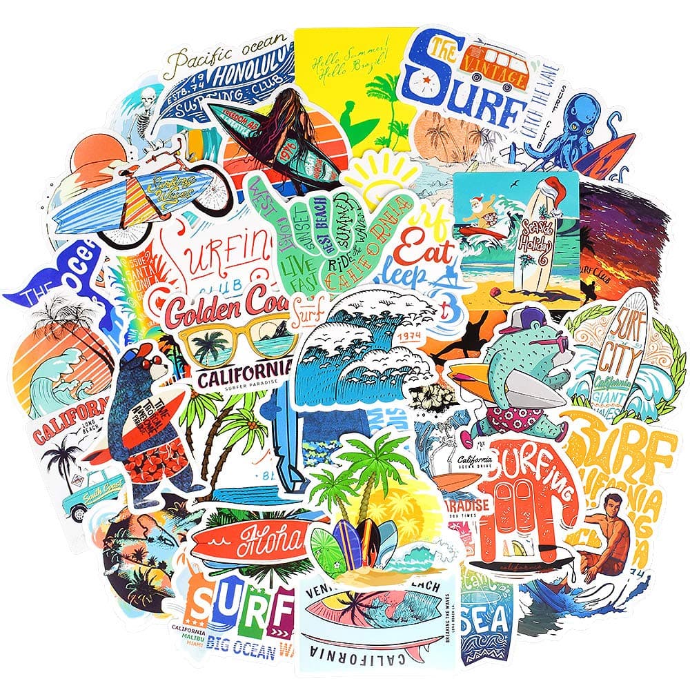 QTL Surf Stickers for Teens Girls Boys Surfing Laptop Stickers for Water Bottles Surfboard Waterproof Vinyl Stickers Surfer Stickers Pack 50Pcs''