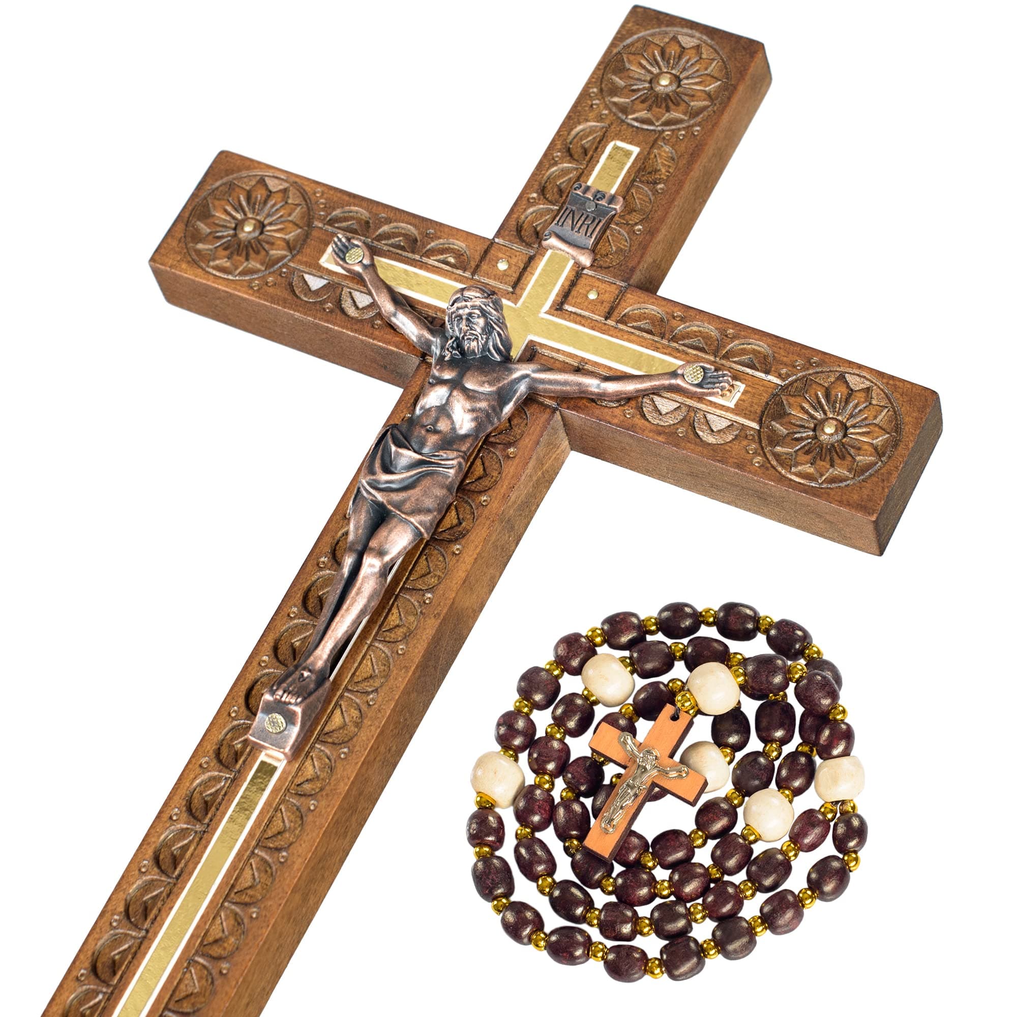 Hand Carved Crucifix Wall Cross for Home Decor - Wooden Catholic Wall Crucifix - 12 Inch