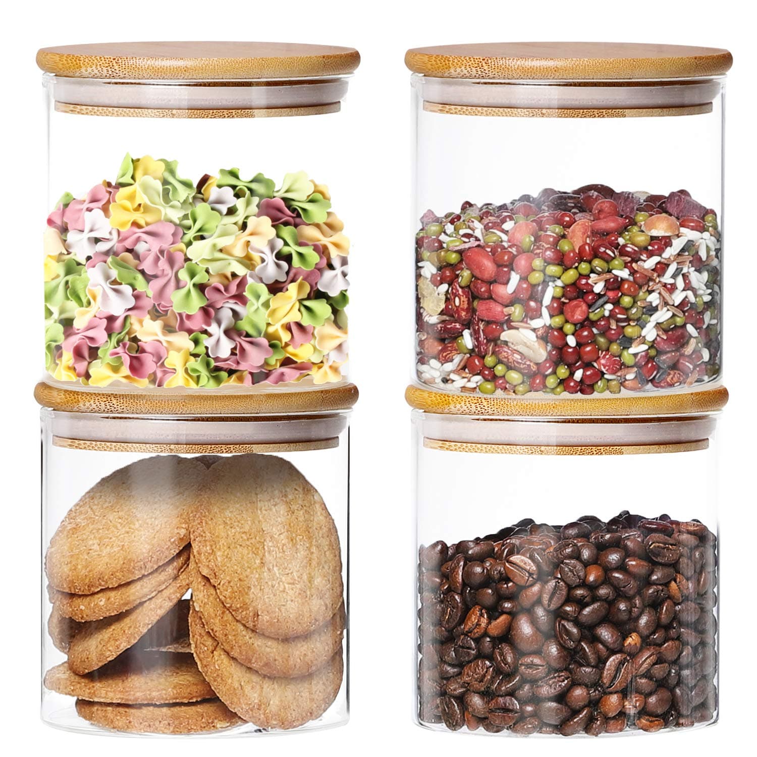 4 Pack Glass Jars with Airtight Bamboo Lids, Glass Kitchen Canisters Clear Container for Food Storage of Dry Goods, Cookie, Candy, Spices, Coffee Beans and More, 18.6 OZ