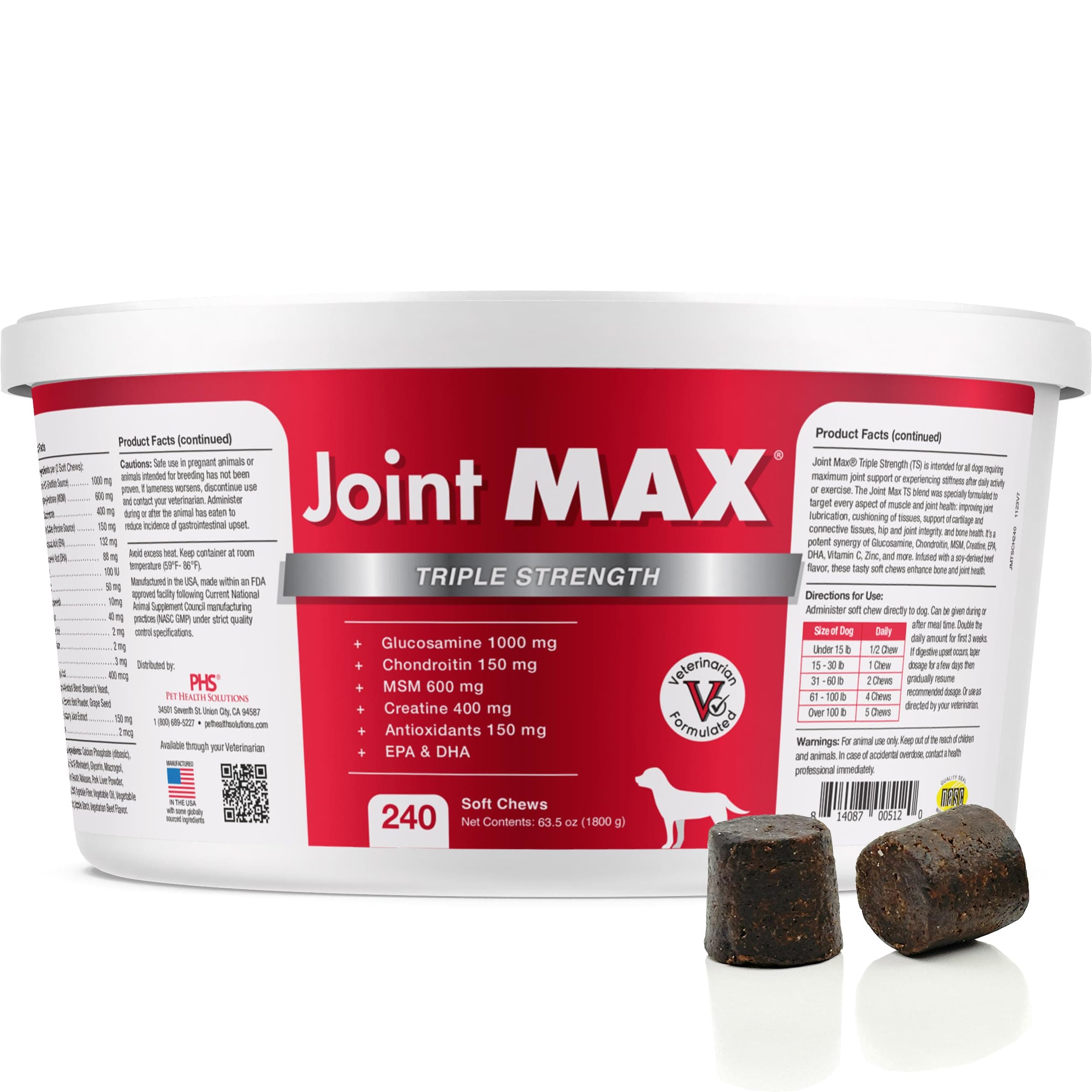 PHS Triple Strength (TS) Soft Chews for Dogs - Glucosamine, Chondroitin, MSM, Turmeric, Omega 3 - Hip and Pain Relief and Support for Dogs - Made in USA - 240 Soft Chews