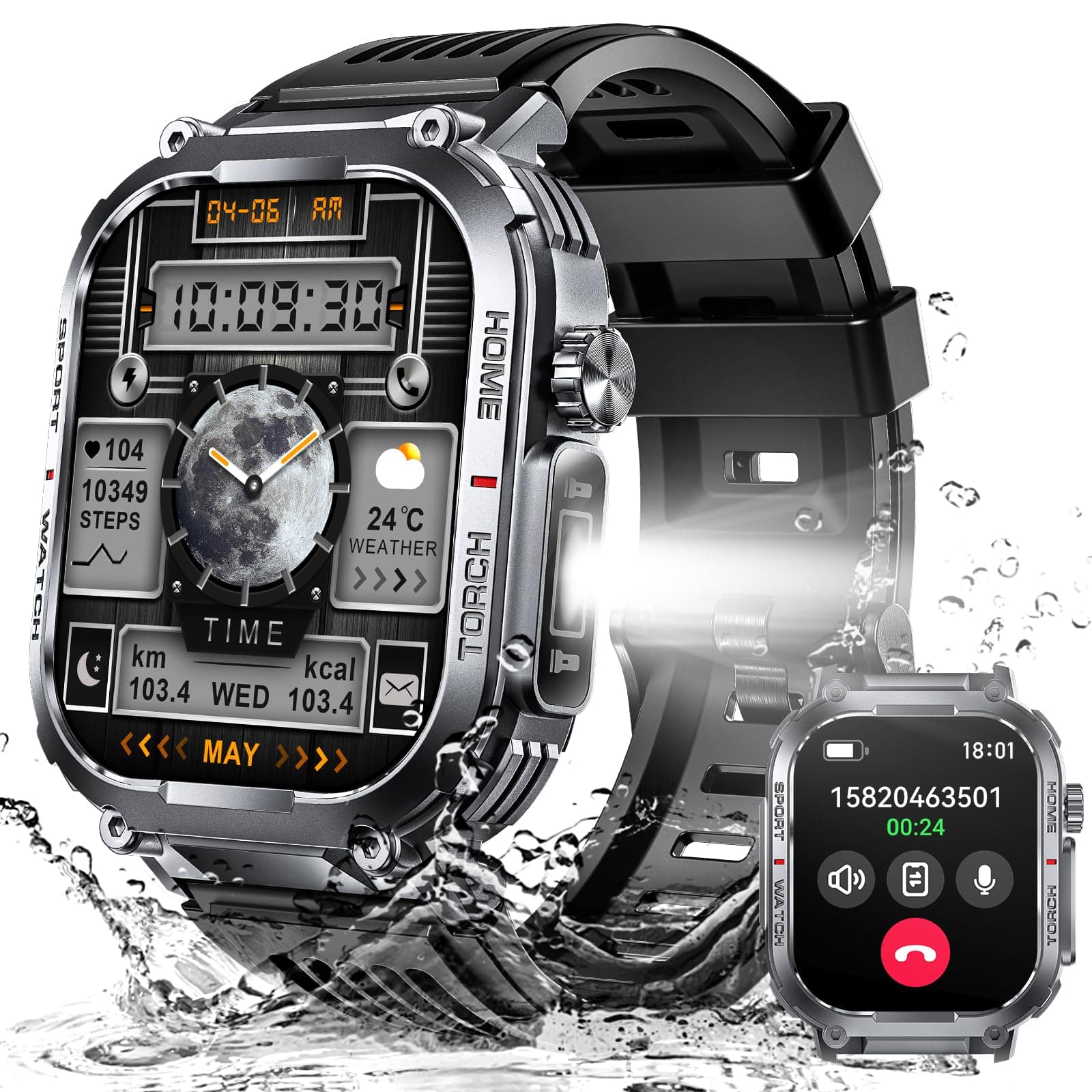 Military Smart Watch for Men 3ATM Waterproof with Call/LED Flashlight 2.02" HD Big Screen Rugged Tactical Smartwatch with Compass Fitness Tracker with HR/SPO2/Sleep Monitor for iPhone Android