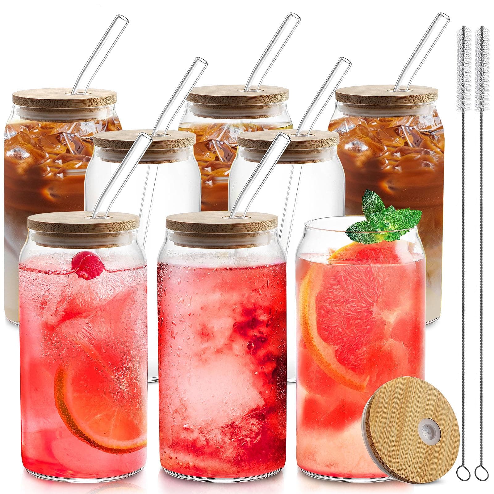 HOMBERKING Glass Cups with Bamboo Lids and Straws 8pcs Set, 20oz Cups, Beer Glasses, Iced Coffee Cups, Cute Tumbler with 2 Cleaning Brushes, Ideal for Cocktail, Whiskey, Tea, Gift