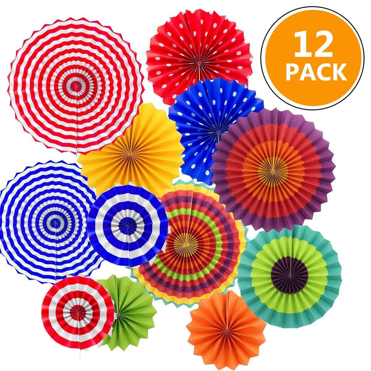 Sonnis Hanging Paper Fans,Tissue Paper Pom Poms,Paper Lanterns for Wedding,Baby Shower,Birthday Party Decorations Favor Supplies (Multicolor fans-12pcs)