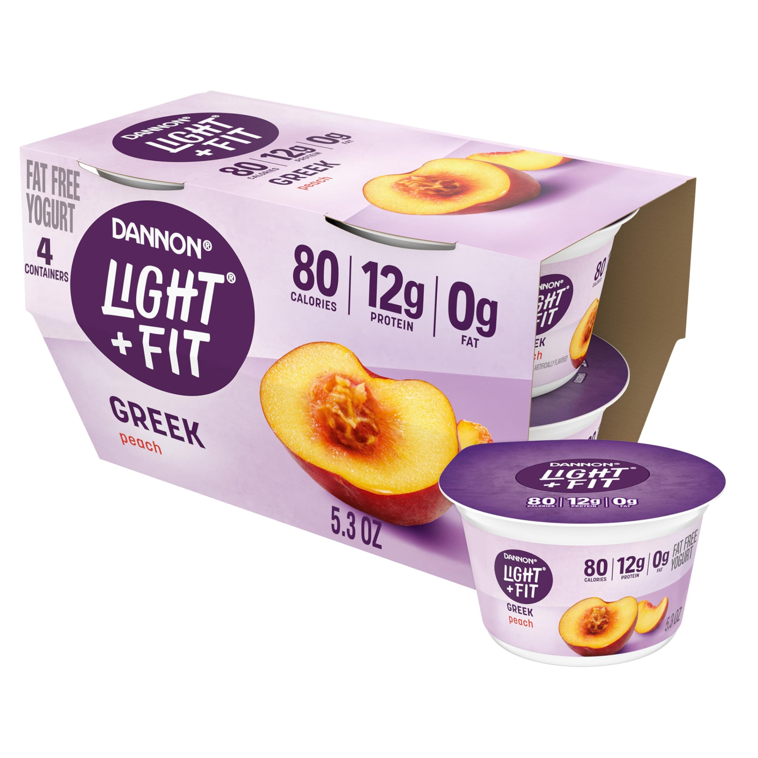 Dannon Light + Fit Peach Greek Fat Free Yogurt, Creamy and Delicious Gluten Free, 4 Ct, 5.3 OZ Cups