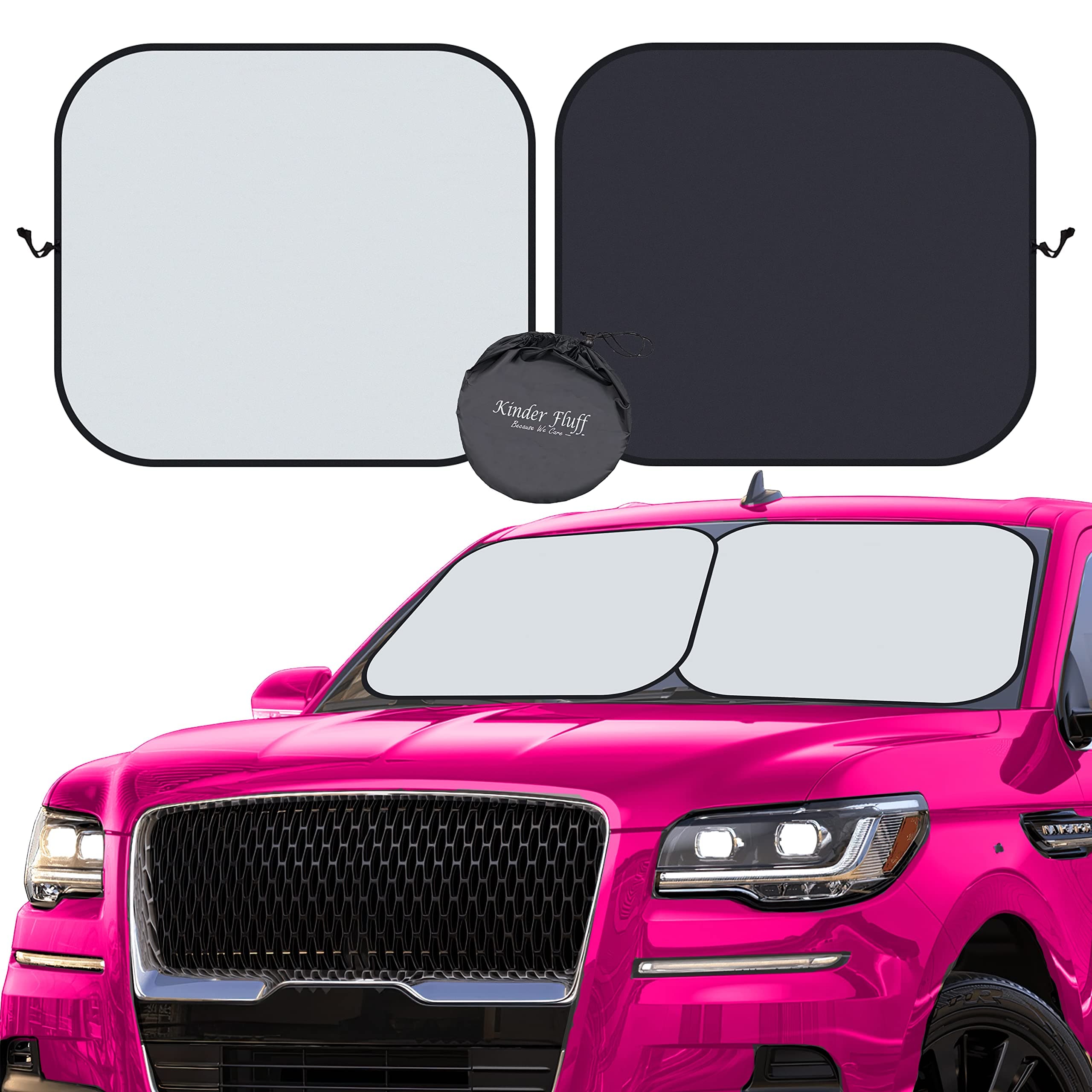 kinder Fluff Windshield Sunshade| Reflective Patented Car Sun Protection - Certified 99% UVR Block -Cool Interior | Foldable 2-Piece Sun Cover | Automotive Accessories for Summer Heat | Large Size