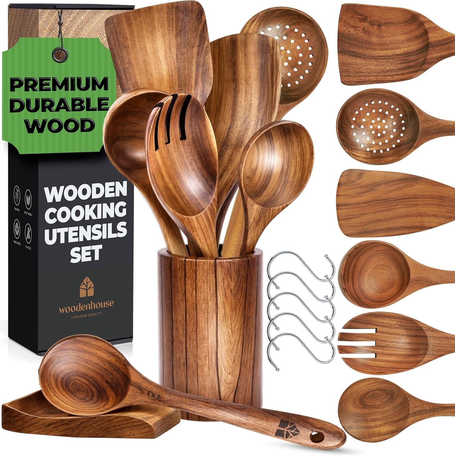 Wooden Cooking Utensils, Kitchen Utensils Set with Holder & Spoon Rest, Teak Wood Spoons and Wooden Spatula for Cooking, Nonstick Natural and Healthy Kitchen Cookware, Durable Set of 13 pieces