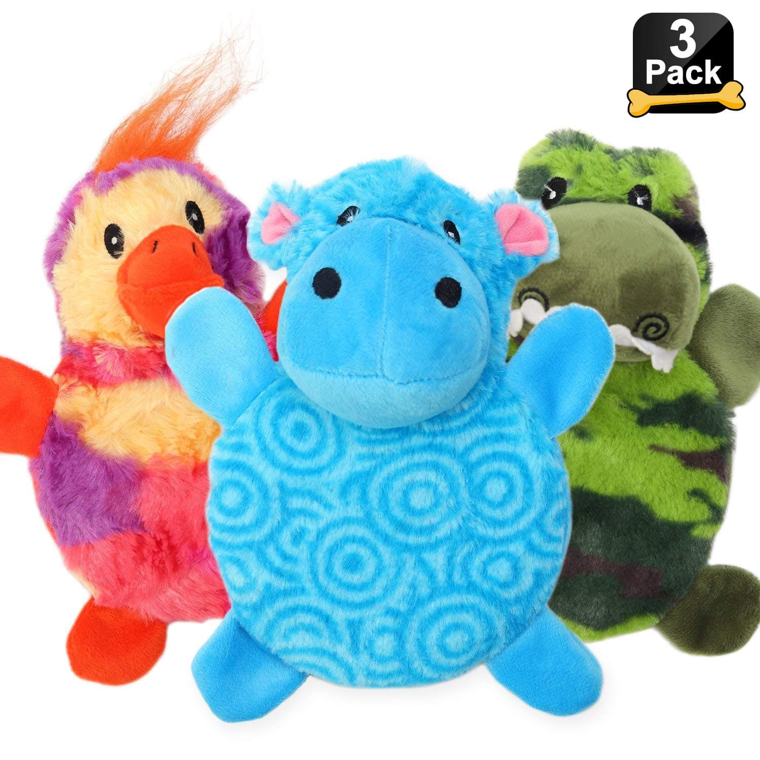 CCCompany Dog Squeaky Toys for Aggressive Chewers, Stuffed Animal Dog Toys with Squeaky Disc Inside Full Body, Tough Plush Chew Toys 3 Pack