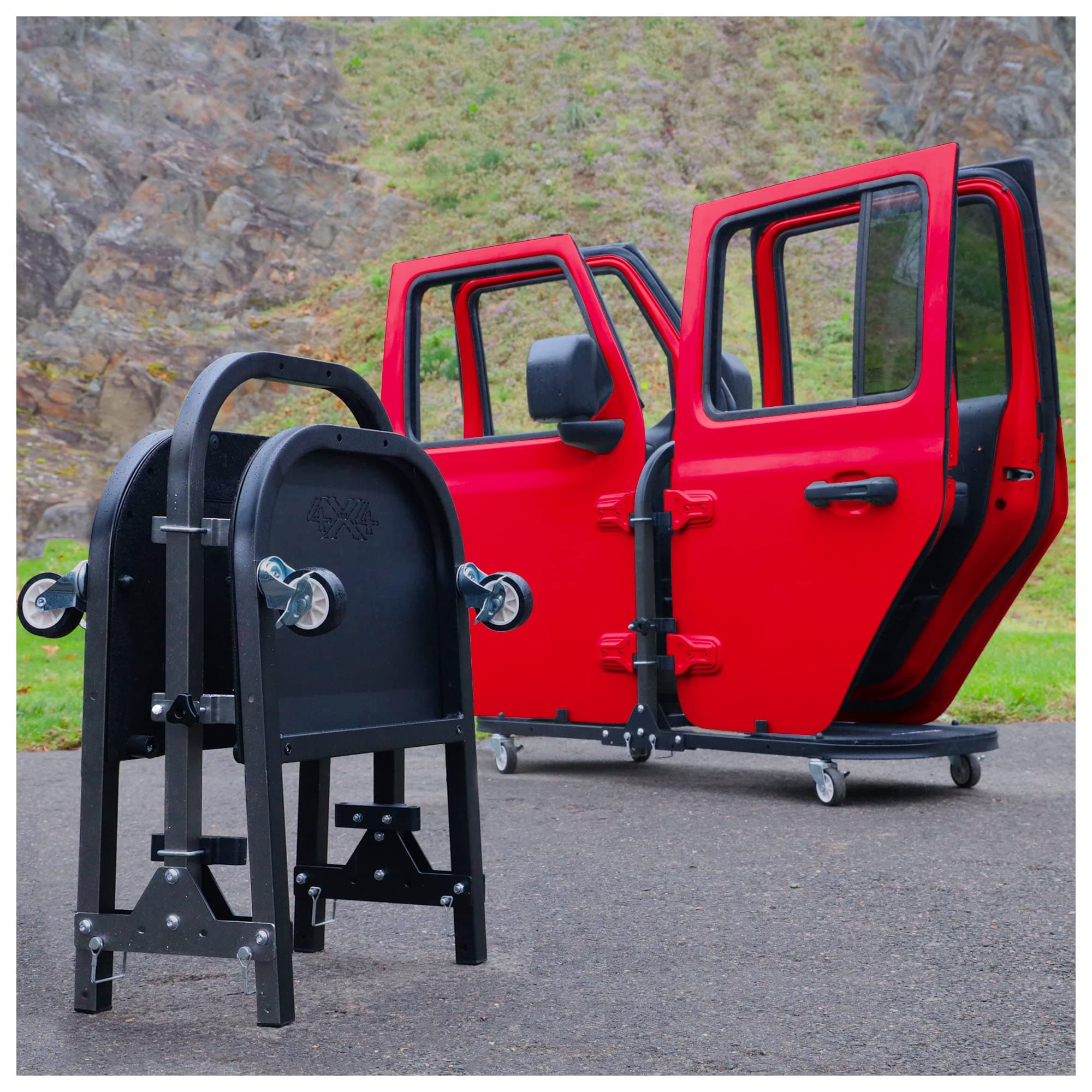 EZ4X4 Aluminum Black 4 Door Folding Rolling Door Cart, Storage Door Rack Holder Stand fits Jeep® Wrangler JL JLU JK JKU TJ YJ and Gladiator JT Patented