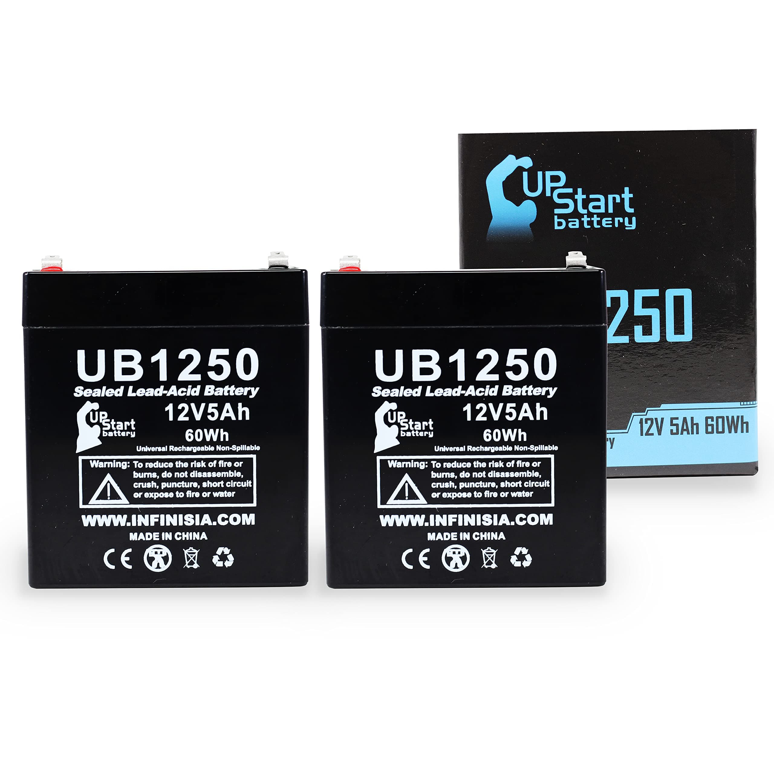 2X Pack - ADT Security Alarm Safewatch Pro 3000 Battery - Replacement UB1250 Universal Sealed Lead Acid Battery (12V, 5Ah, 5000mAh, F1 Terminal, AGM, SLA) - Includes 4 F1 to F2 Terminal Adapters