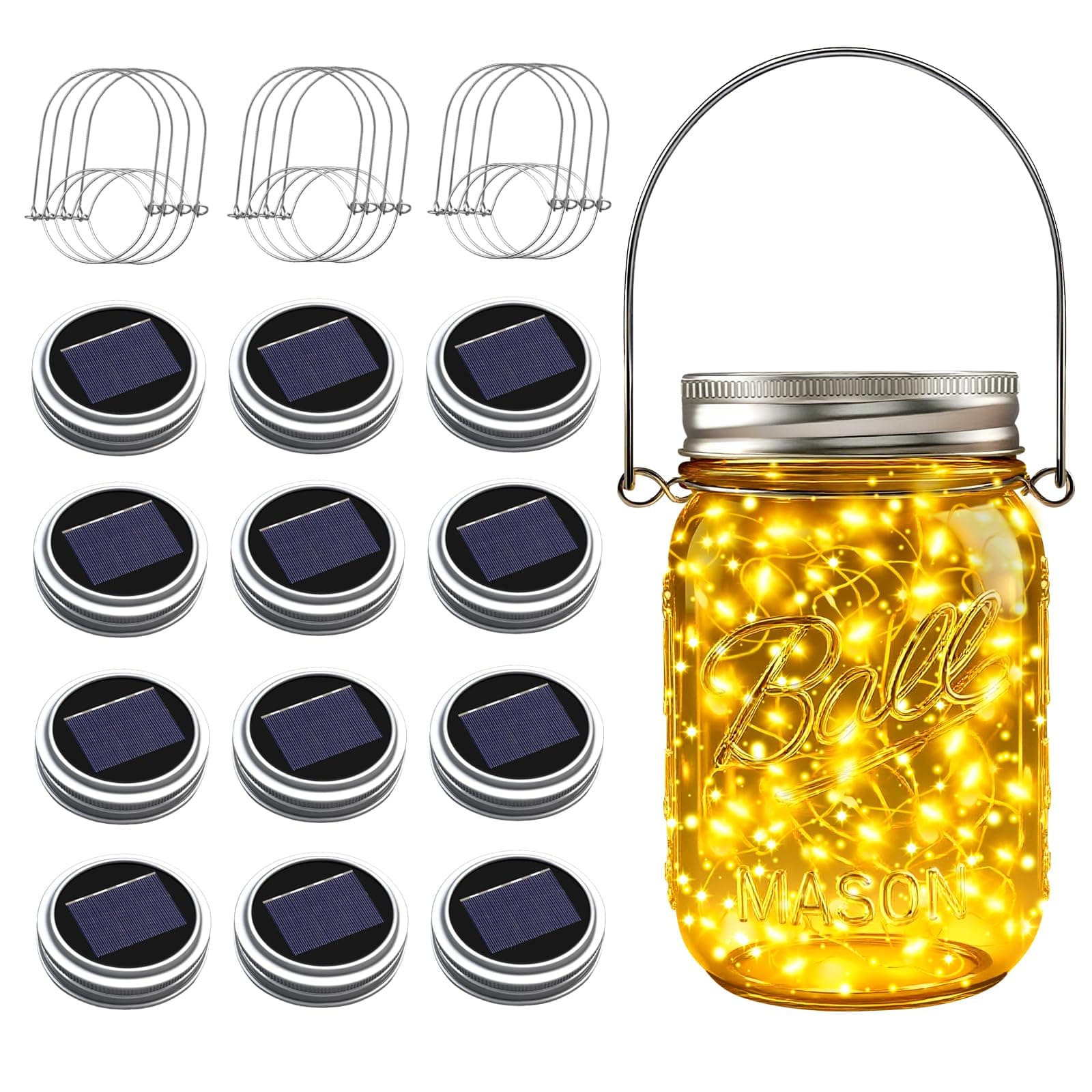 ZNYCYE Mason Jar Solar Lights for Outside, 12 Pack 30 LED Fairy Firefly Lights Mason Jar Solar Lids Outdoor Waterproof String Lights with Hangers(NO JARS) for Patio Garden Yard Lawn Decor - Warm White