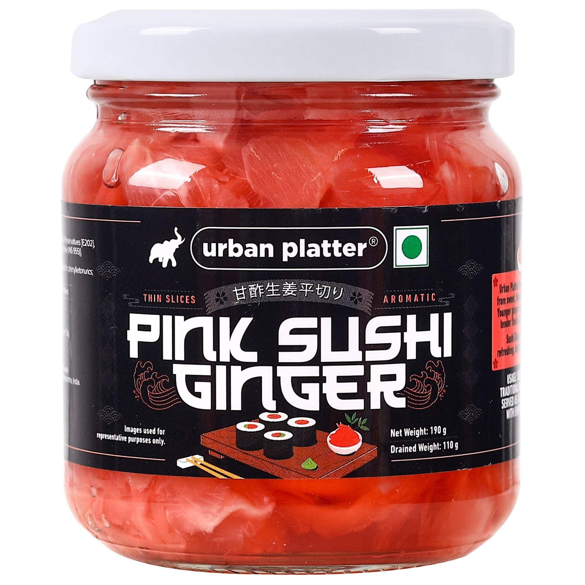 Urban Platter Pink Sushi Ginger, 190g, Drained Weight 110g [Gari, Japanese Style Pickled Ginger, Sushi Ingredient, Thinly Sliced, Perfectly Aromatic]