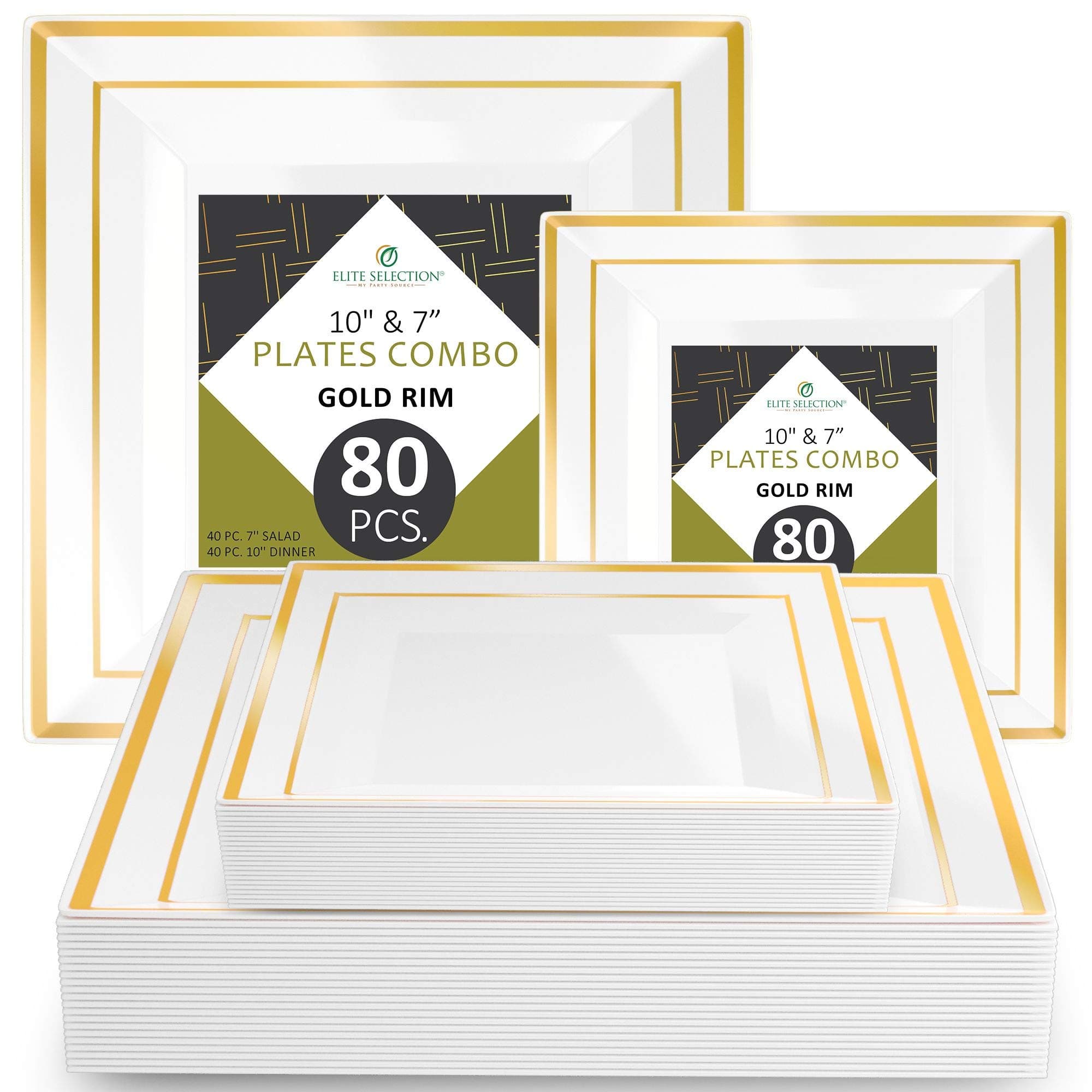 ELITE SELECTION Disposable Plastic Plate Set - 80 Pack Premium Quality Dinnerware with 10.25” Dinner and 7.5” Salad Plate (40 Count Each) with Elegant Gold Trim for Wedding, Birthday, Party