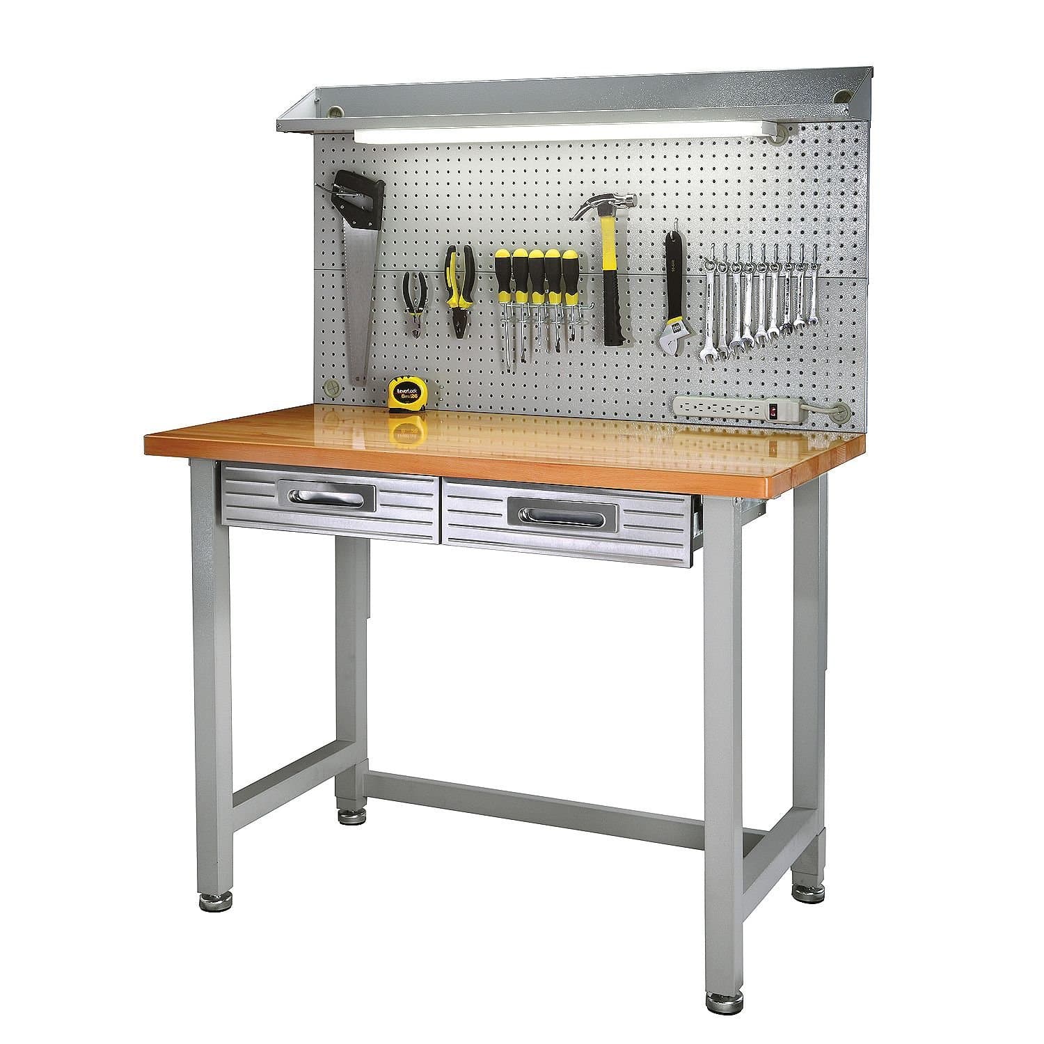 Hardwood Top Workbench Garage Worktable with Integrated Light and Pegboard