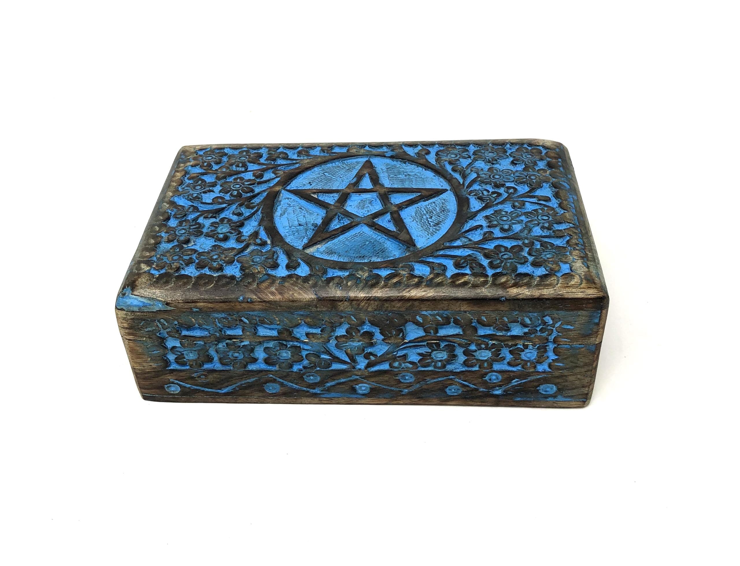 Wooden Tarot Box in Antique finish with Pentacle and rustic blue color, for tarot, crystals, jewellery and altar 5x8 inches