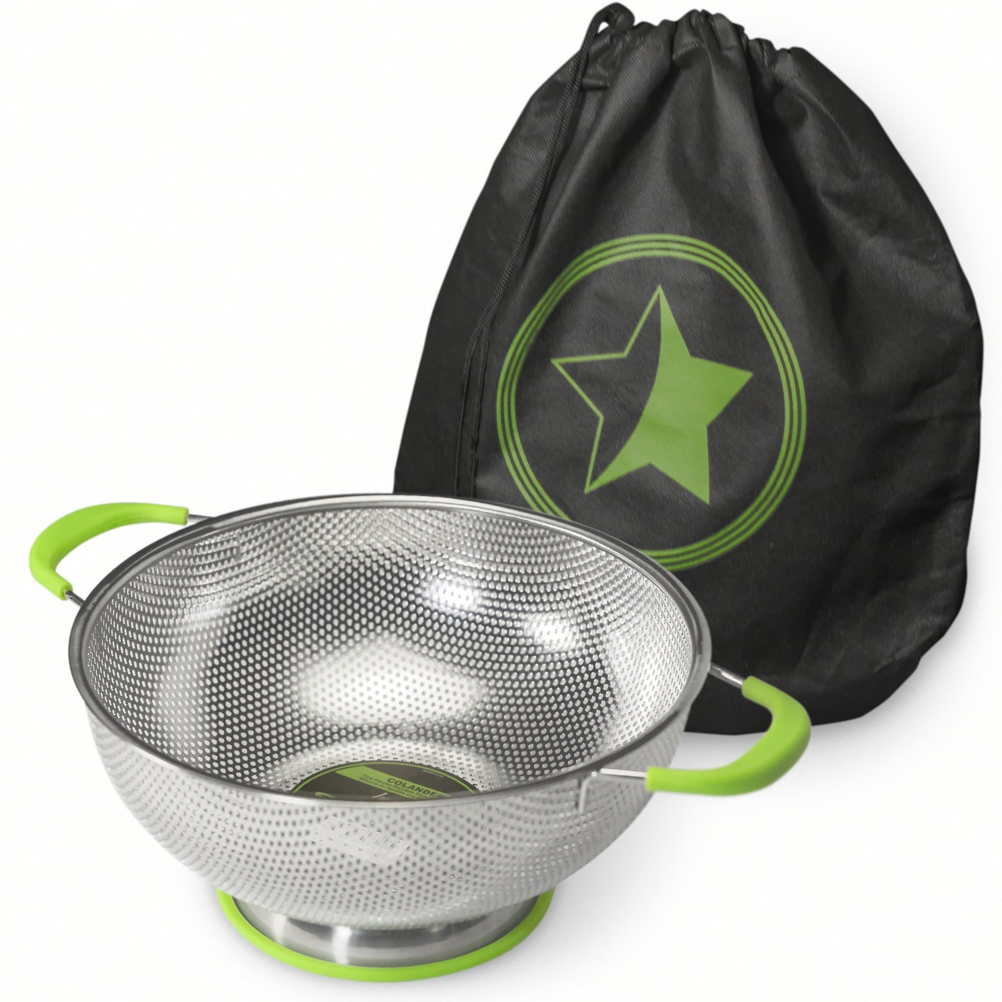 Starkeen’s Stainless Steel 5-quart Colander, Professional Eco-friendly Strainer Bowls with Food Grade Green Silicone on Handles and Ring Base for a Healthier Lifestyle, Available in 4 Colors