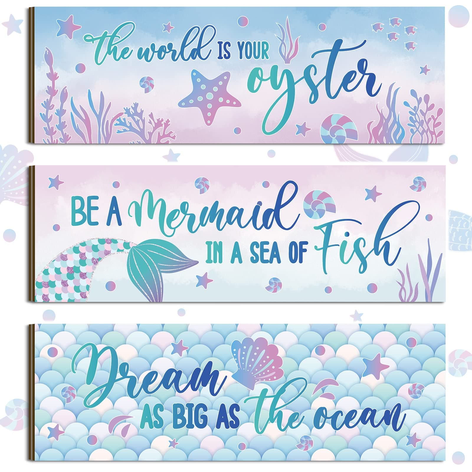 Yerliker 3pcs Mermaid Wall Decor Ocean Theme Wooden Wall Art for Girls Seaside Theme Plaques Decor Mermaid Tail Shell Signs for Baby Nursery Bedroom Bathroom Room Home Decoration