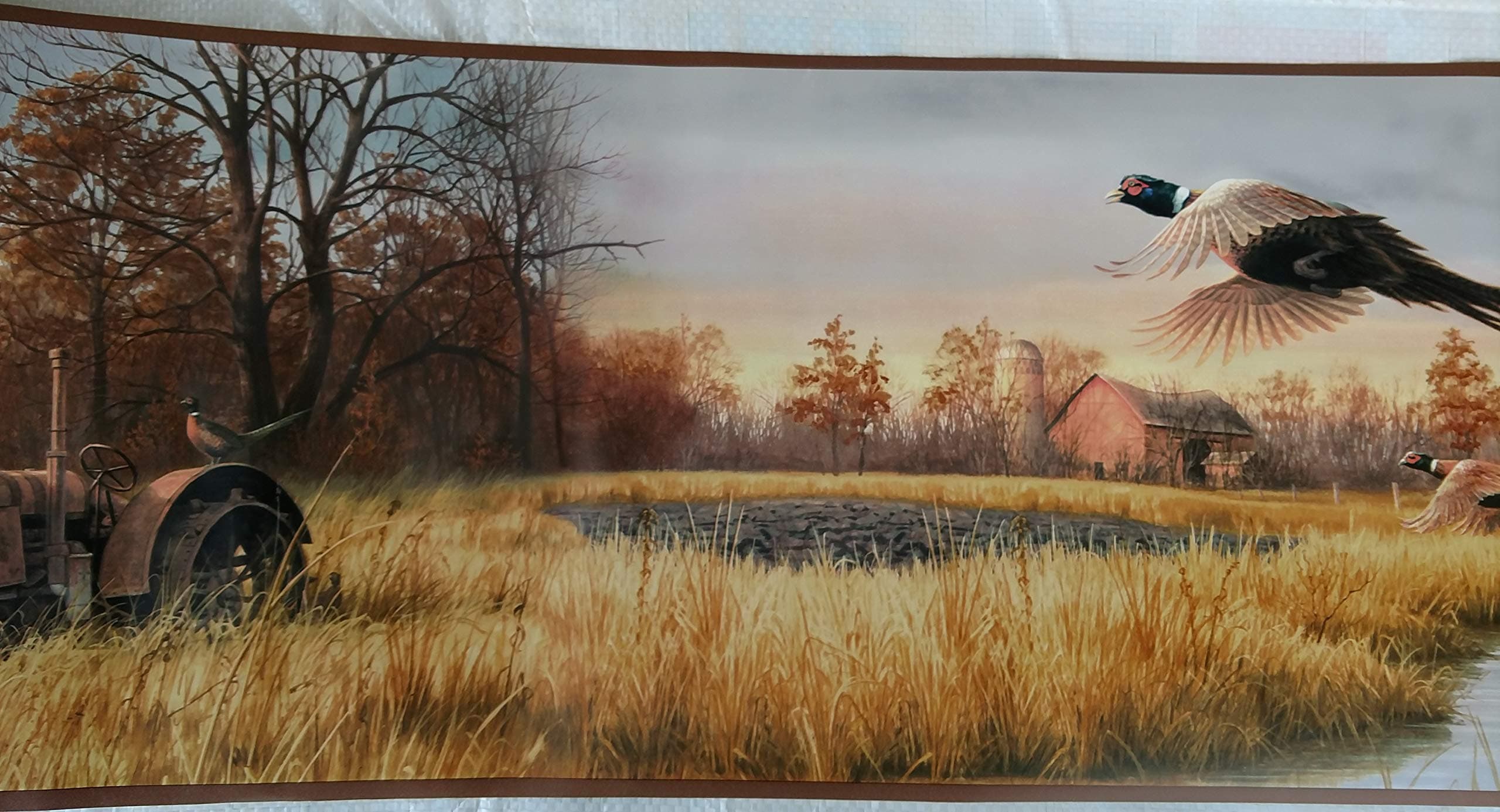 Pheasants Tractor Farm Scene Wallpaper Border - Brown