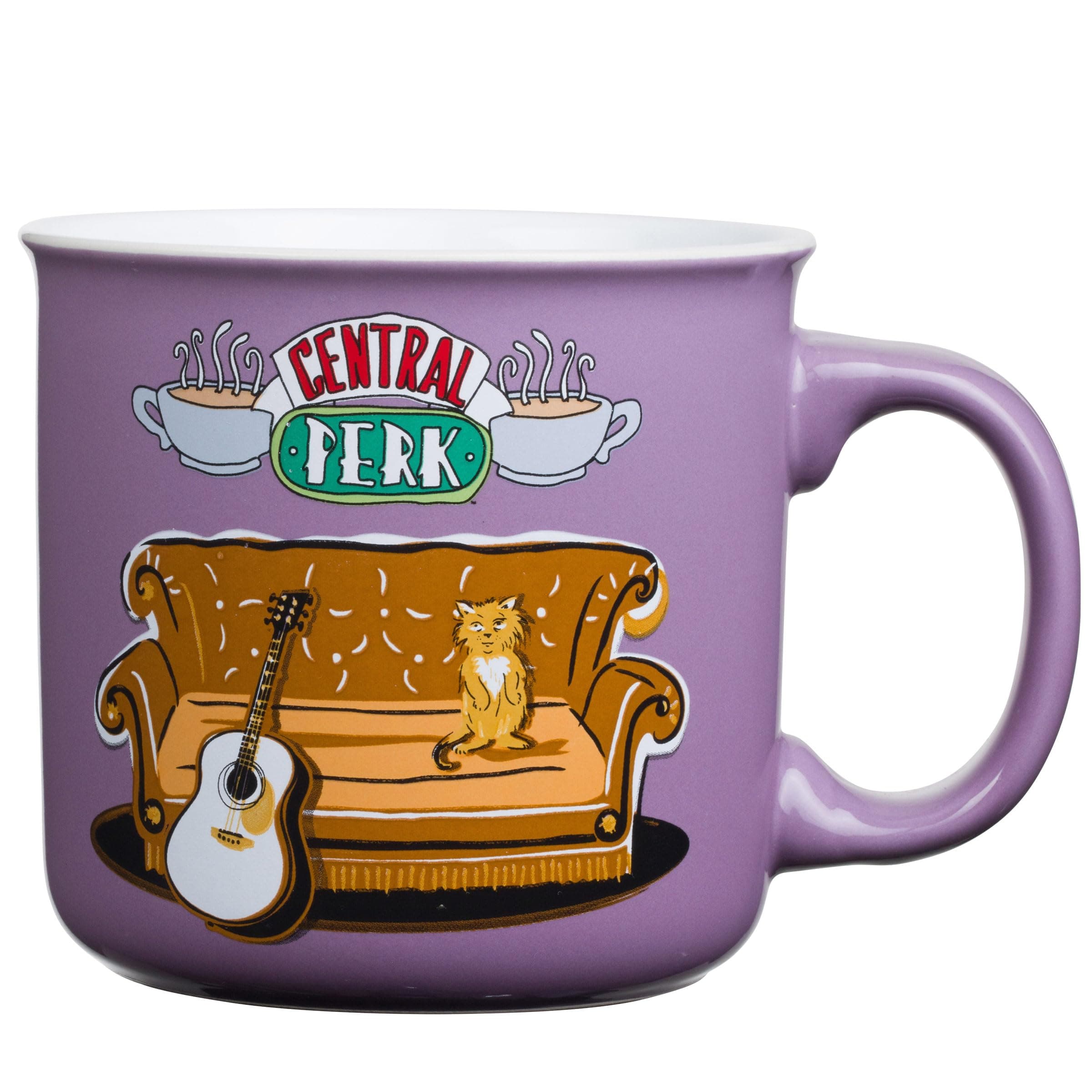 Silver Buffalo Friends Central Perk Smelly Cat, Iconic Orange Couch, Pheobe's Guitar Ceramic Camper Mug, 20 Ounces