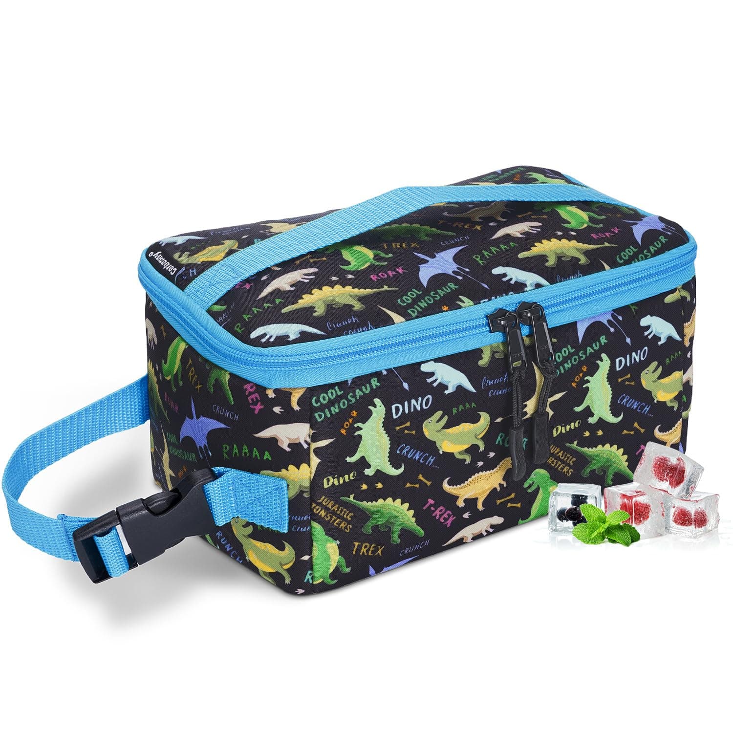 Cerbonny Small Lunch Box for Kids/Adult, Mini Cooler with Buckle Handle, Insulated Bag for Work/School Travel, Black Dinosaur