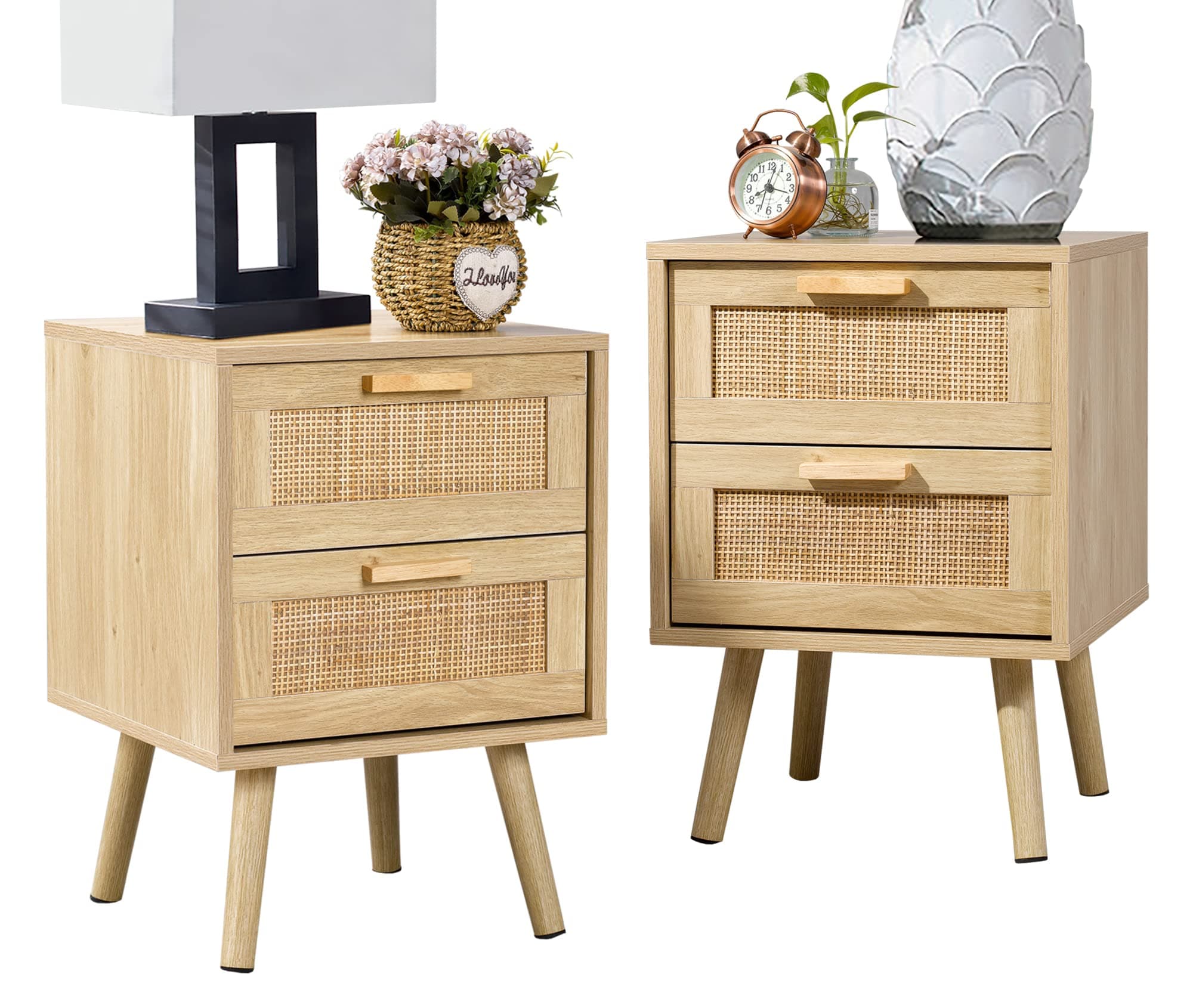 Finnhomy Nightstand, End Table, Side Table with 2 Hand Made Rattan Decorated Drawers, Nightstands Set of 2, Wood Accent Table with Storage for Bedroom, Natural, 2 Pack