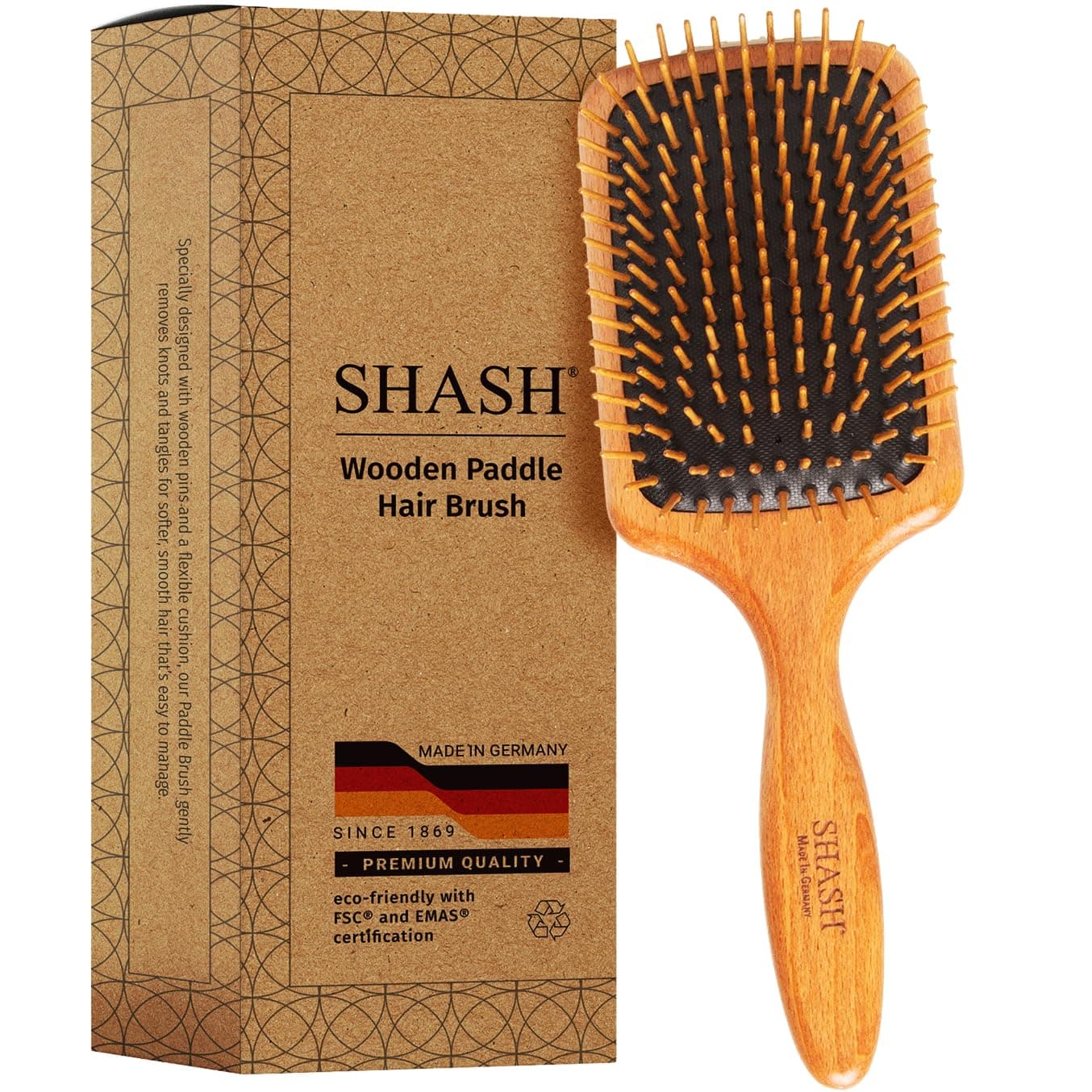 SHASH Since 1869 Made in Germany Wooden Paddle Brush - Gently Detangles, Styles, Conditions Hair with Minimal Frizz and Breakage - Safe for All Hair Types, Wet or Dry - Eco-Sourced Wood