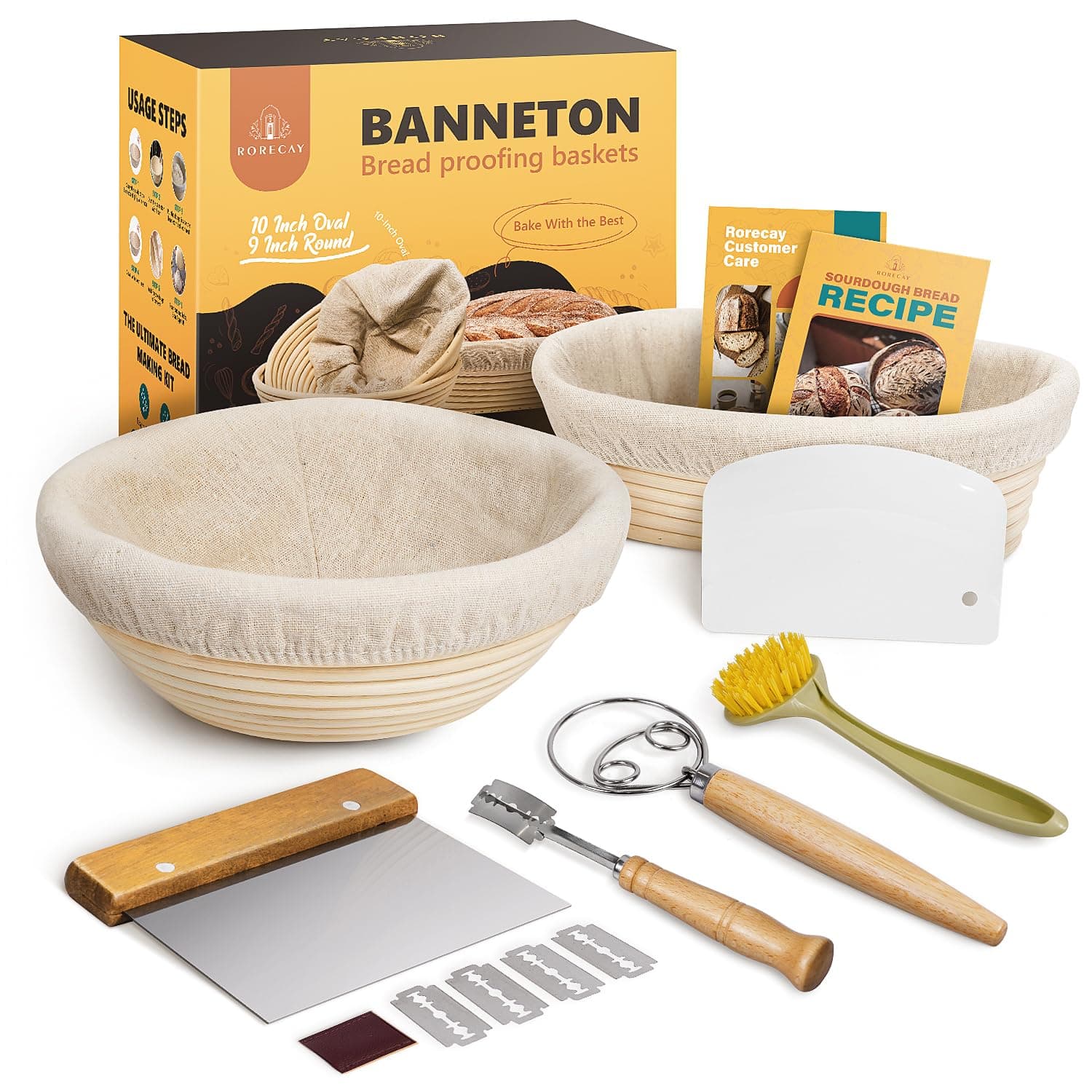 rorecay Banneton Bread Proofing Basket Sourdough Bread Baking Supplies, 9 Inch Round + 10 Inch Oval Proofing Bowls with Dough Whisk Bread Lame Dough Scraper Bread Making Tools and Accessories Set
