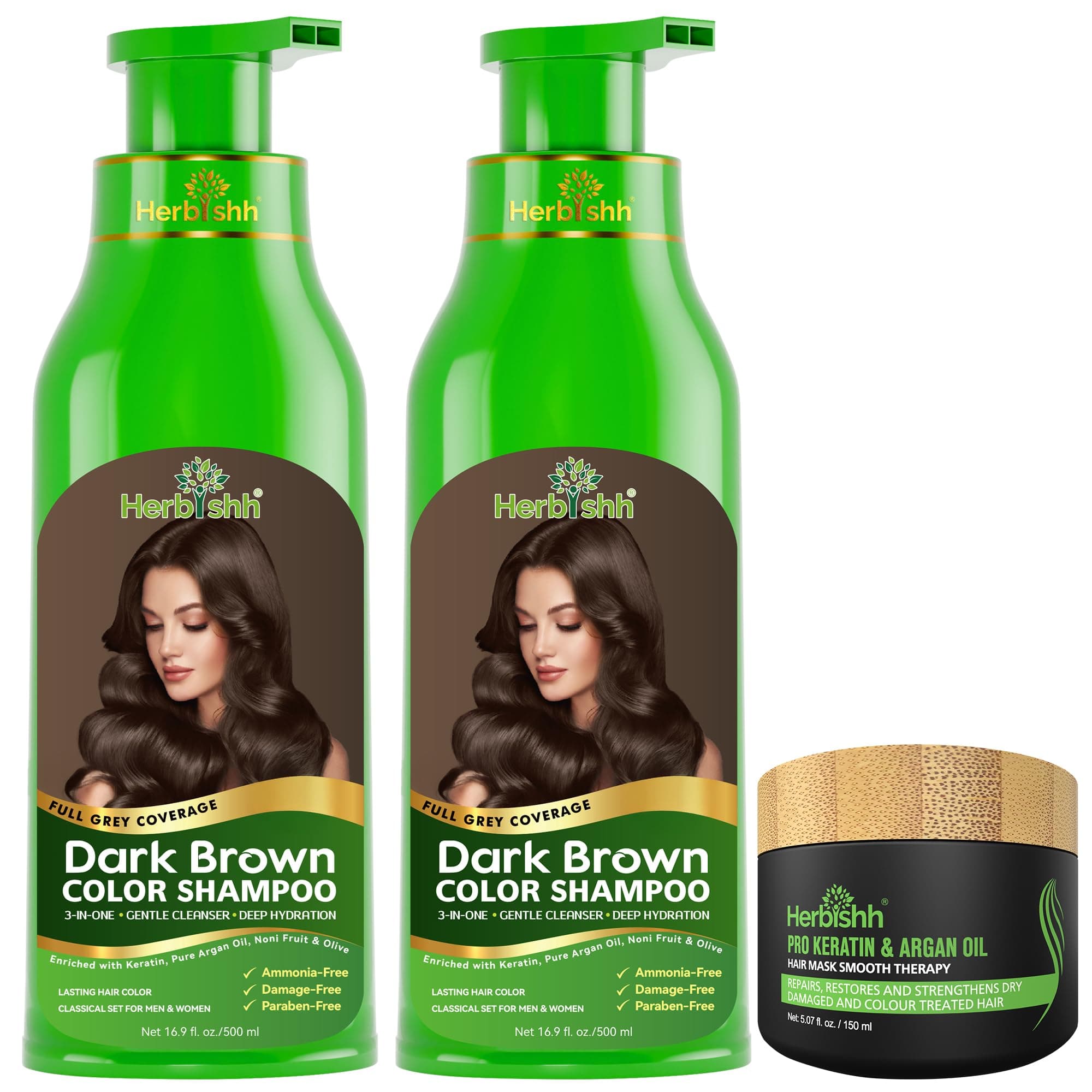 Herbishh Hair Color Shampoo (Dark Brown) for Grey Coverage | Ammonia-Free Paraben Free | Long Lasting Color up to 3 Weeks | Combo Pack 2 x 500ml + 1 Argan Hair Mask (150gm)