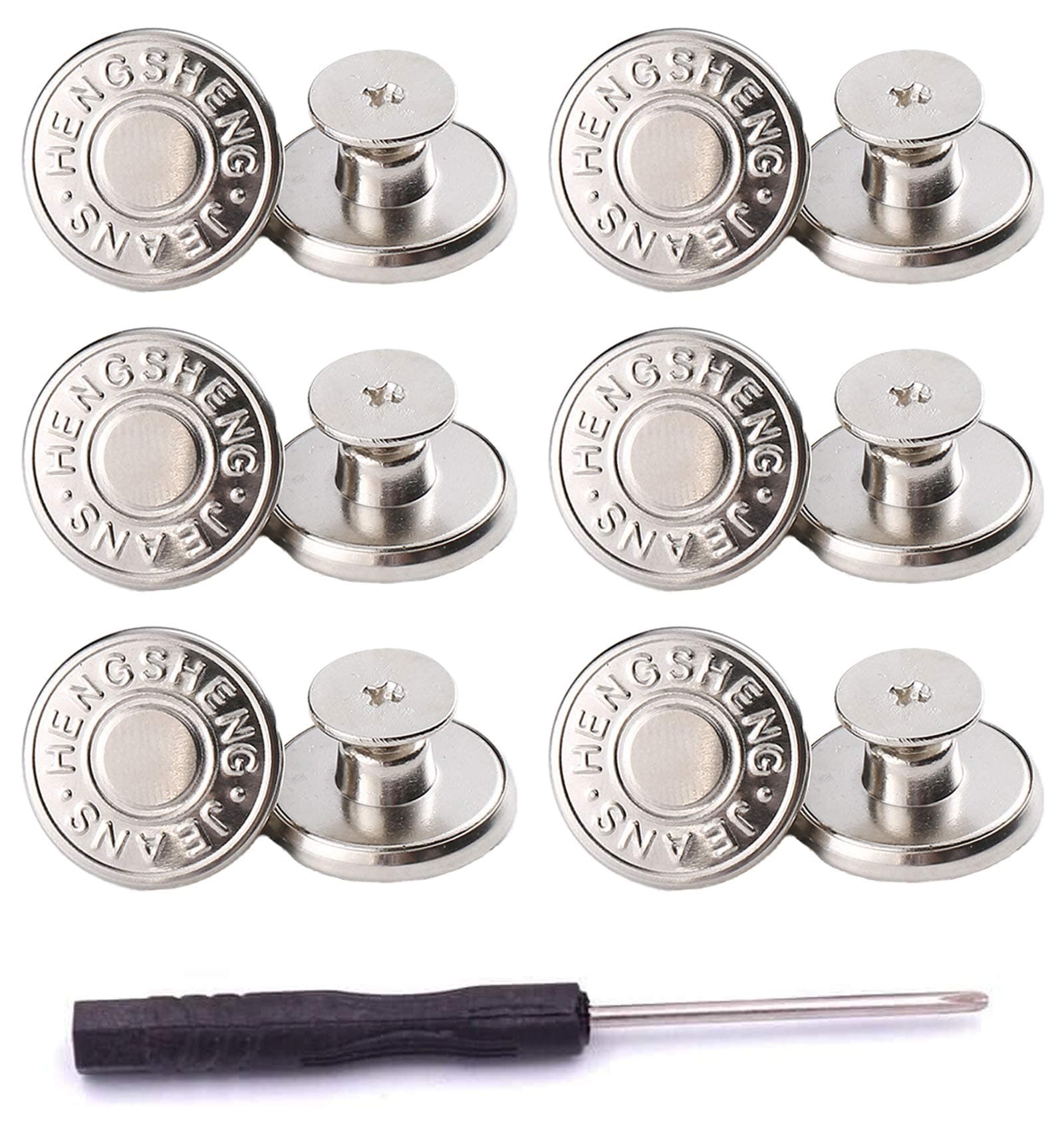 12 Sets Silver Jeans Buttons Replacement 17mm No Sewing Metal Button Repair Kit Nailess Removable Jean Buttons Replacement Combo Thread Rivets and Screwdrivers