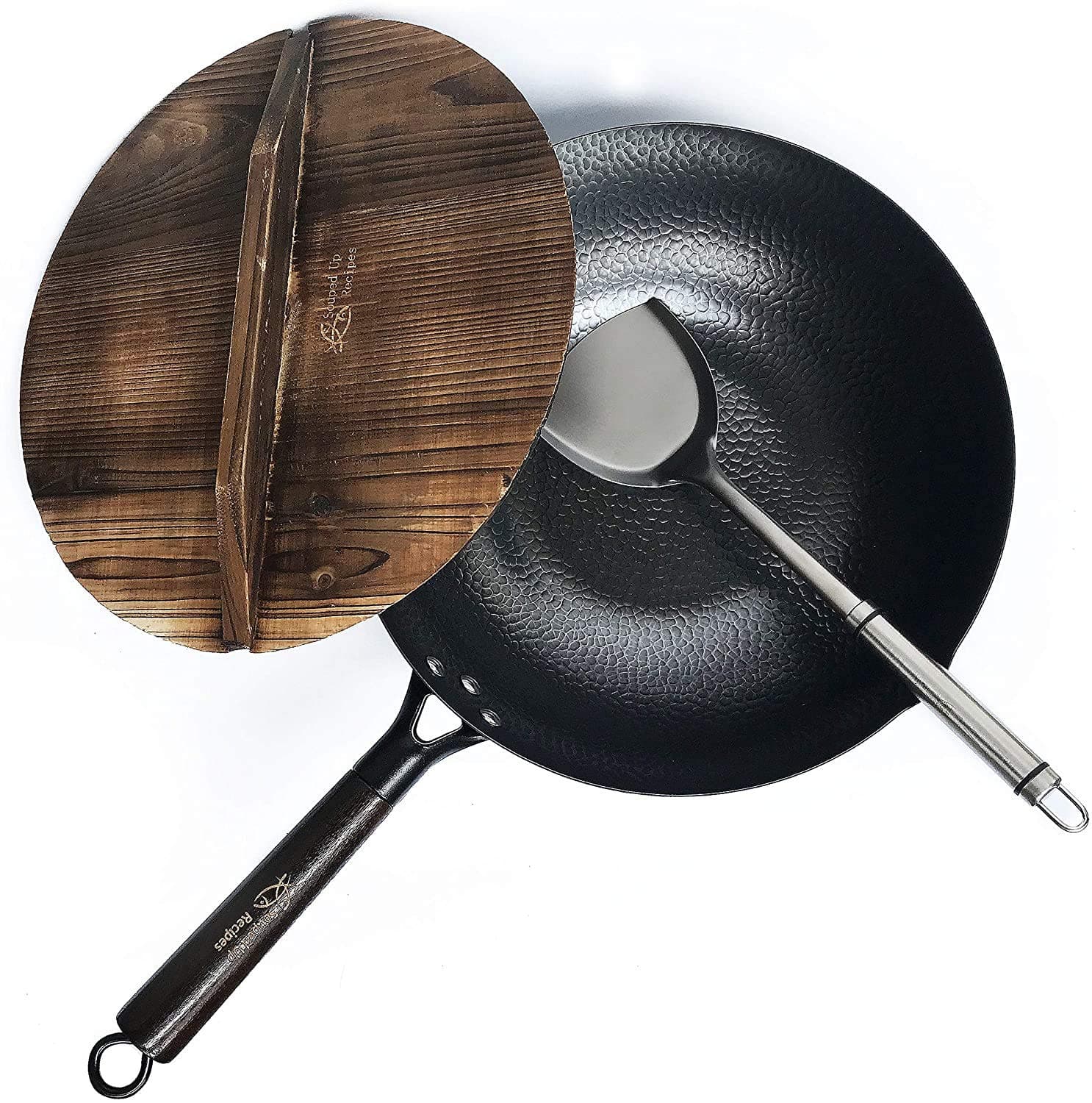 Souped Up Recipes Carbon Steel Wok for Electric, Induction and Gas Stoves with Lid, Spatula and Seasoning Video Guide Included (Silver)