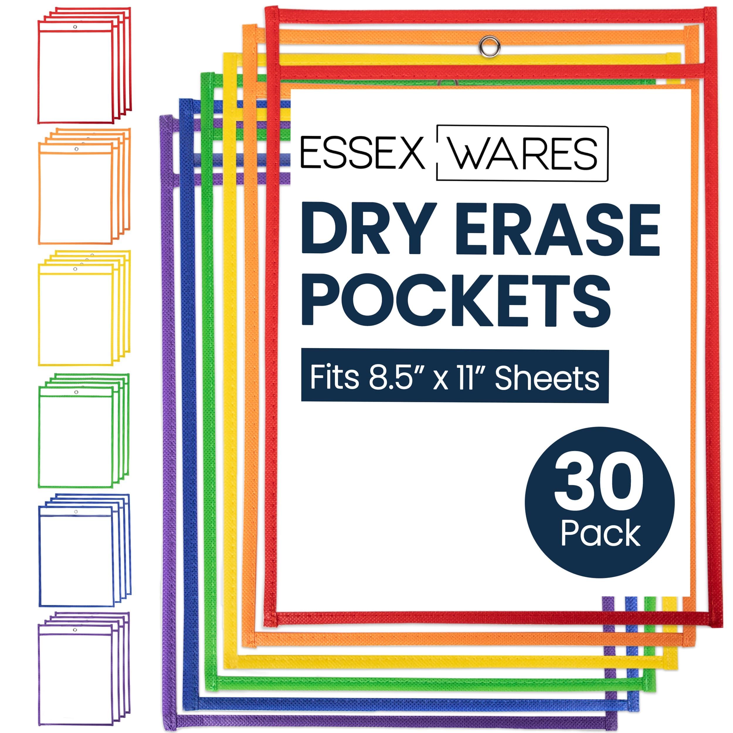 Essex Wares - 30 Pack, Assorted, Dry Erase Pocket Document Protectors,10" Wide x 13.5" Tall - Dry Erase Clear Plastic Sleeves - Reusable & Easy Erase Plastic Invoice Holders, Water-Resistant & Durable