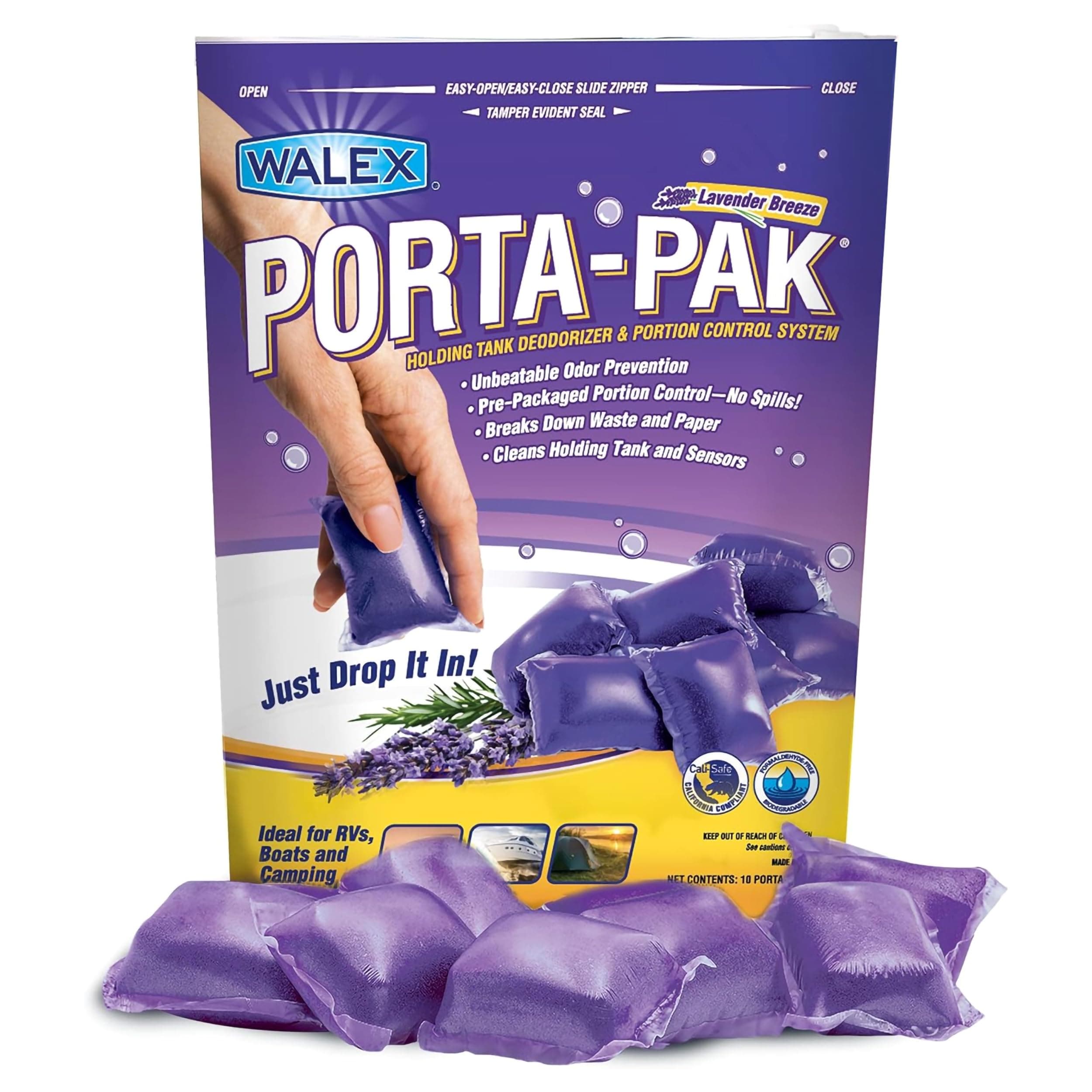 Porta-Pak Black Holding Tank Deodorizer & Portion Control System Drop-Ins - Rapid Breakdown of Waste & Paper, Odor Prevention, Cleans Tank & Sensors - Lavender Breeze, 10-Pack