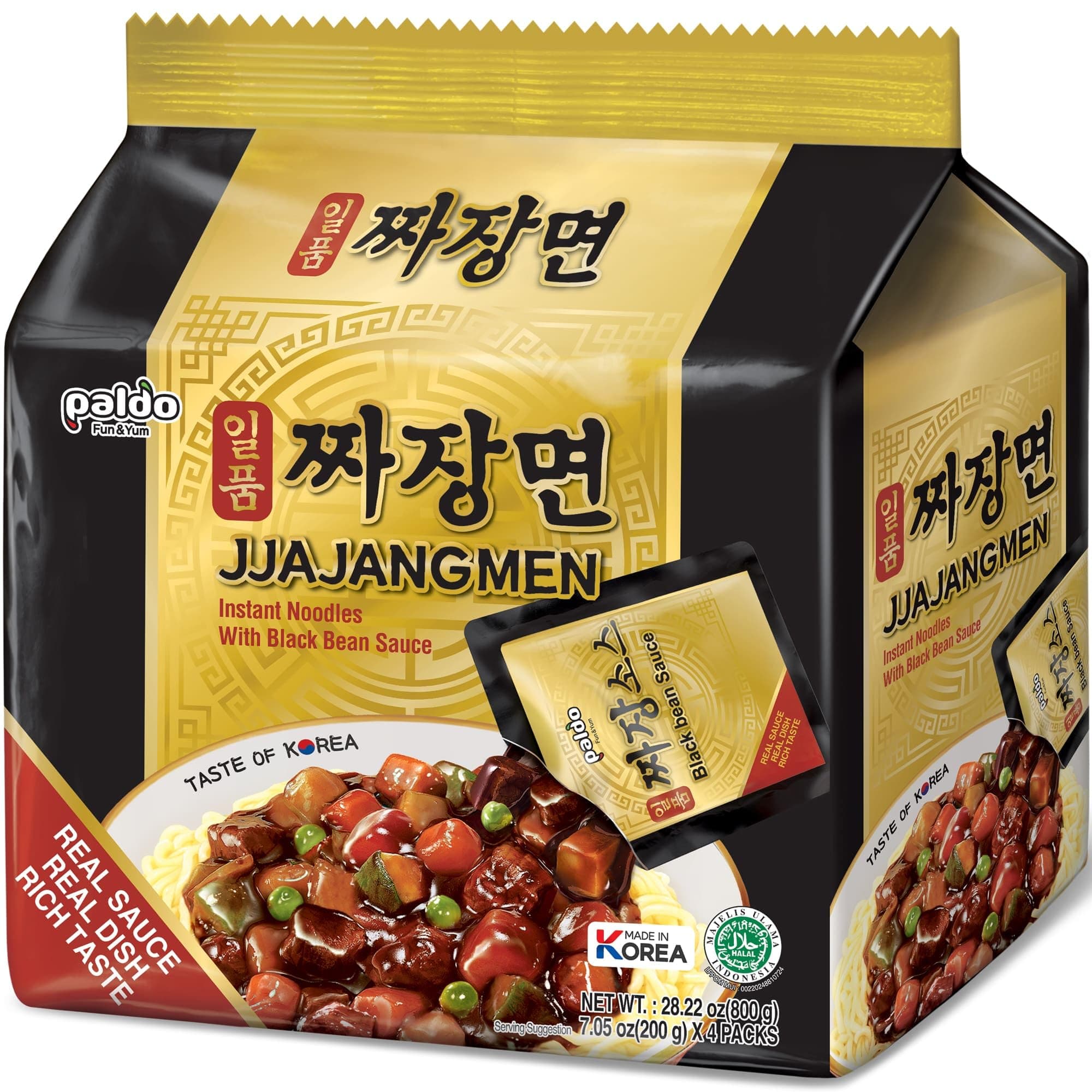 Fun & Yum Ilpoom Jjajangmen Noodles, Traditional Brothless Chajang Ramen with Savory & Sweet Black Bean Sauce, Oriental Style Korean Ramyun, Soupless, 4 x 200 grams, Pk of 4, Non Spicy Korea|