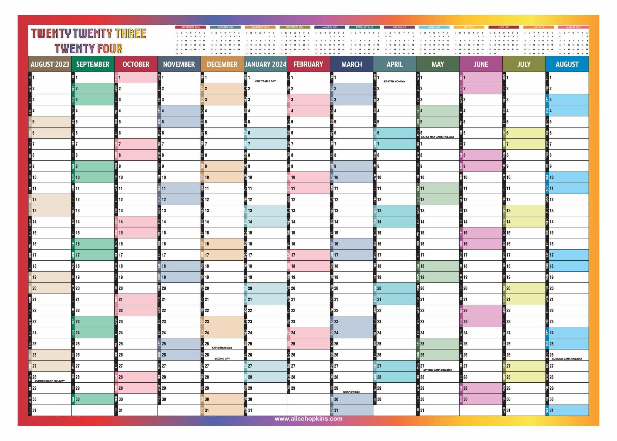 Academic Wall Planner 2023-24 Academic Year Calendar Mid Year Planner Aug to Aug Yearly Study Planning Chart School Full Academic Year Organizer Home Office Work Poster (A3 Multicolor)(1Pc)
