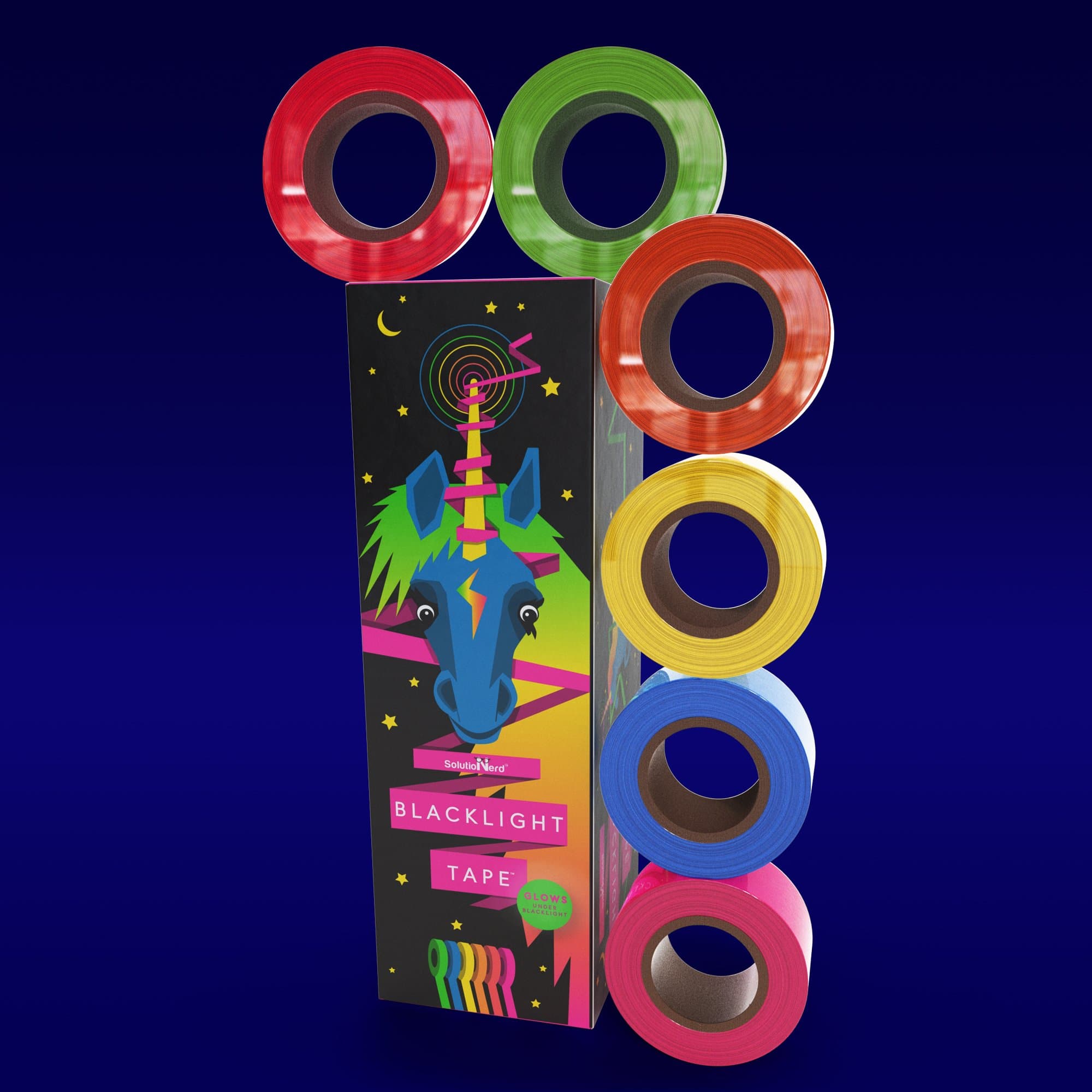 6 Pack, 6 Colors, Fluorescent UV Blacklight Reactive Tape Rolls, 1 inch X 25 ft per roll, Extra Wide, Blue, Yellow, Green, Orange, Red, Pink, Neon Cloth Tape, Decorate for Birthdays, Partys