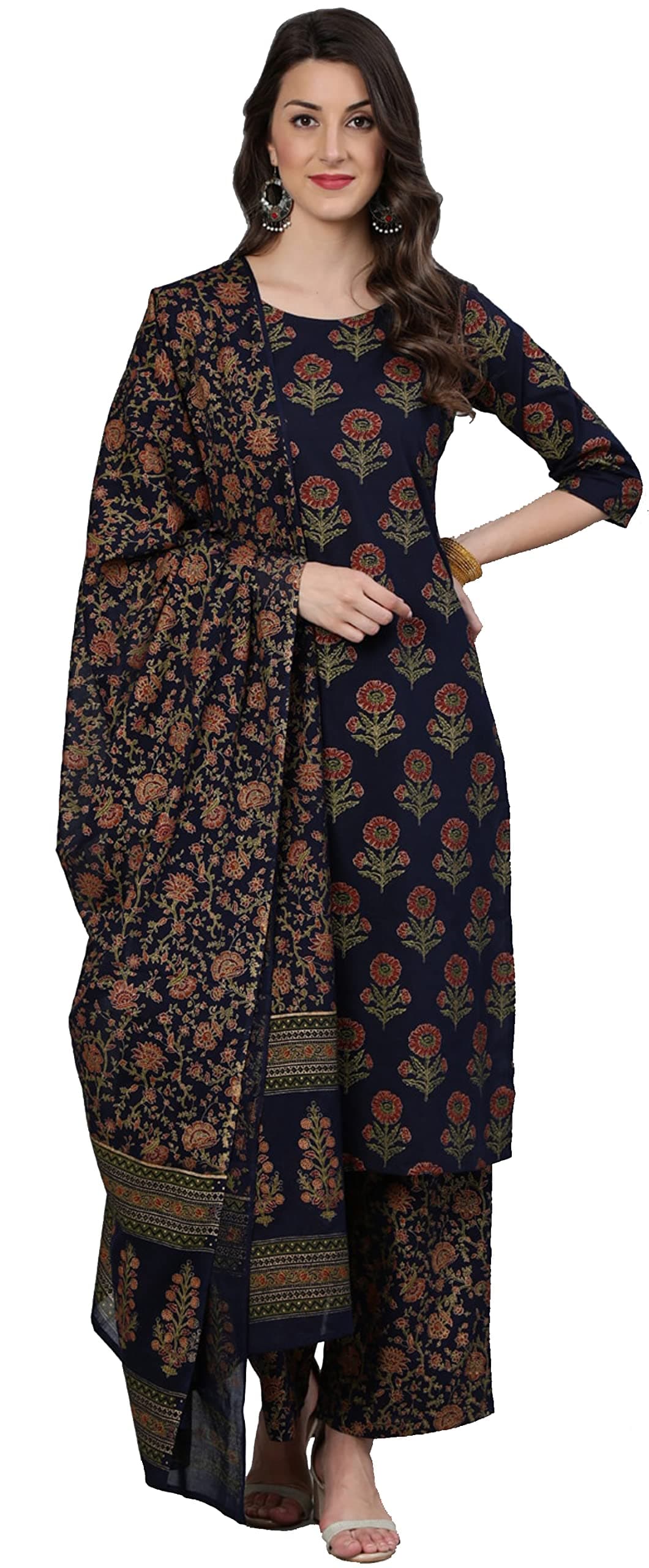 Arayna Women's Blue Floral Printed Cotton Kurti Palazzo Pants Set with Dupatta