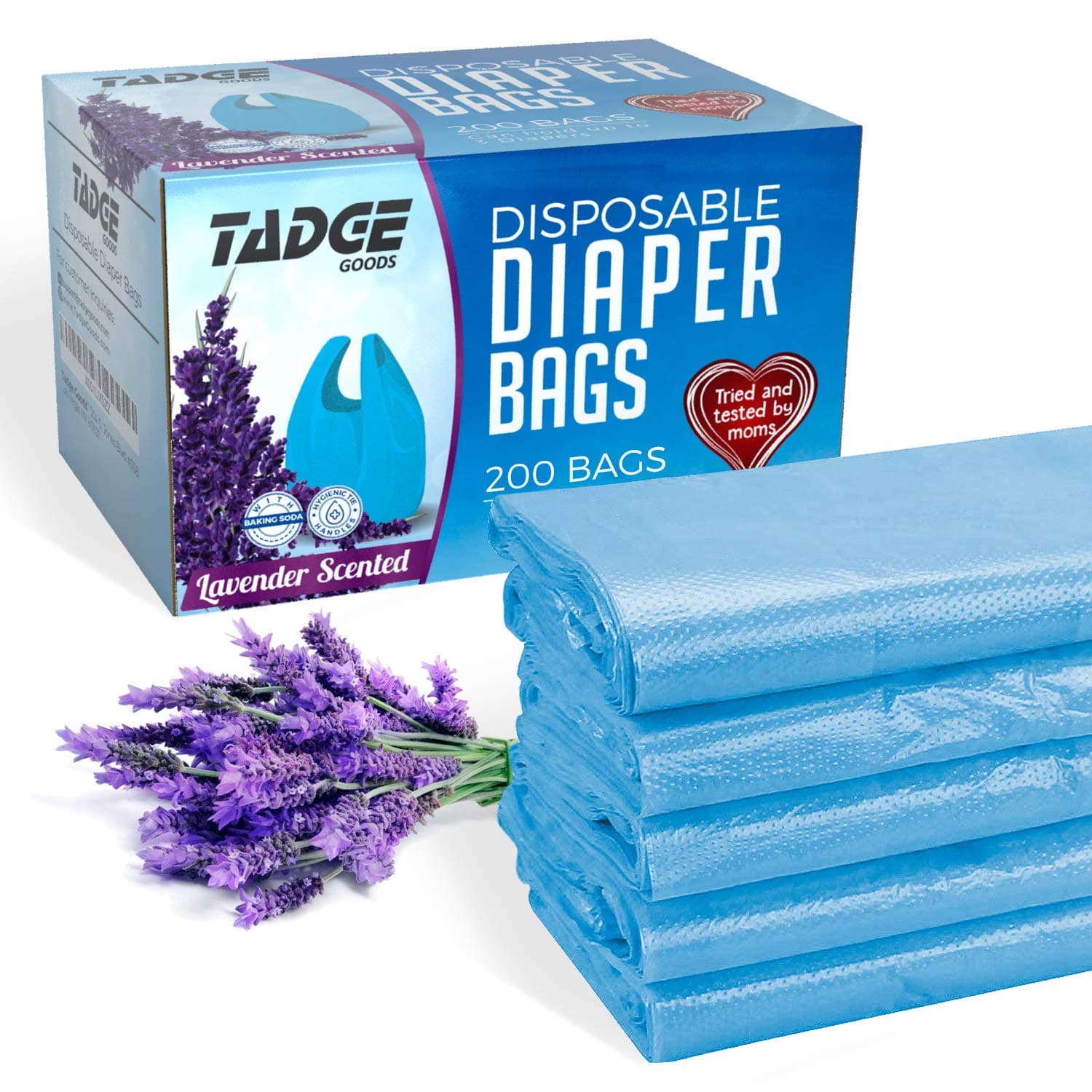 Tadge GoodsBaby Disposable Diaper Bags Scented with Lavender - Odor Absorber Biodegradable Plastic Diaper Sacks for Trash Bag Essential Items - Bags for Dirty Diapers - Refill 200 Count (Blue)