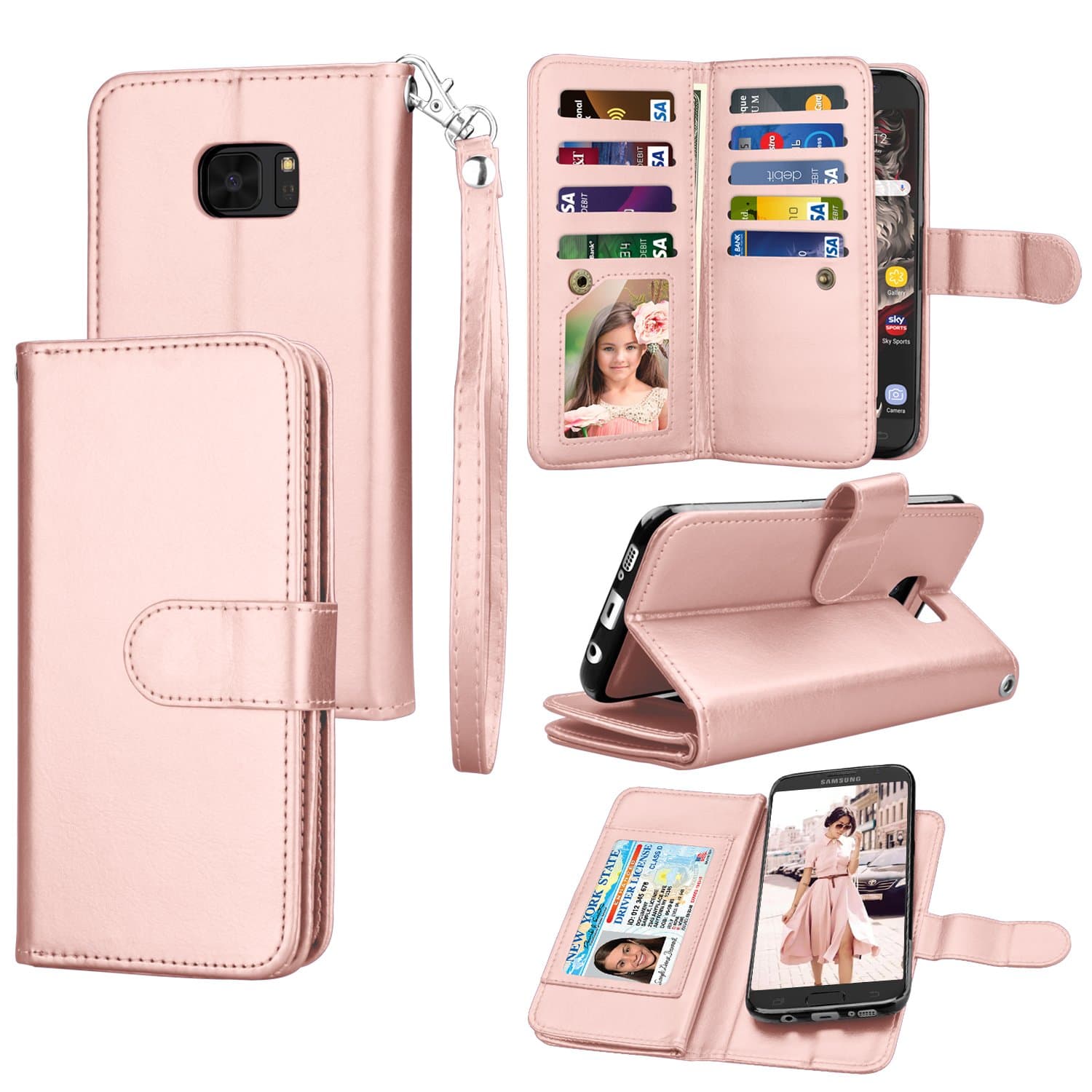 Eutekcoo Galaxy S7 Case, Premium PU Leather Wallet Case with [Detachable 2 in 1] [Cash & Card Slots] [Magnetic Closure]& Wrist Strap Kickstand Folio Flip Cover for Samsung Galaxy S7(G930)-Rose Gold