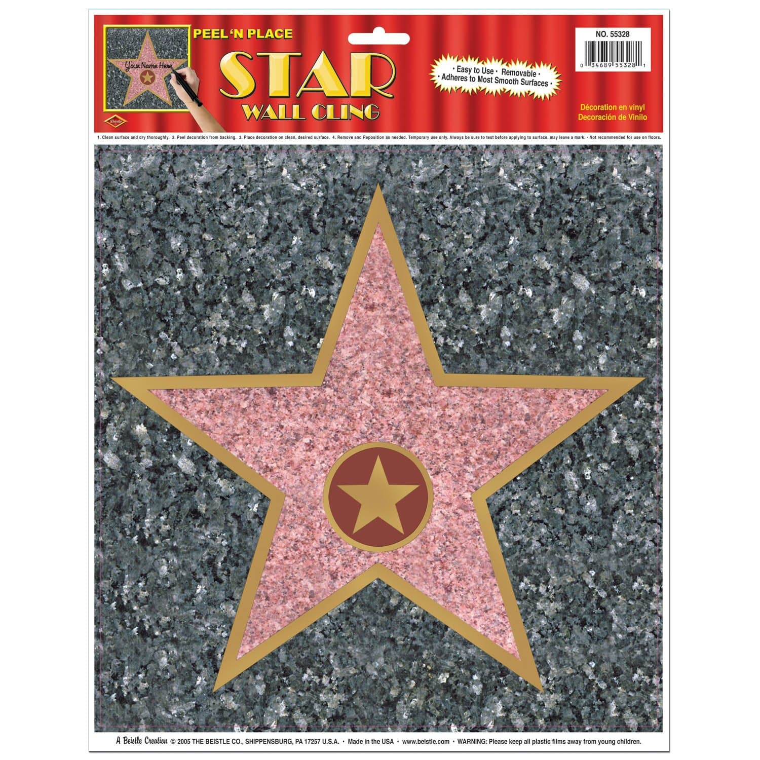 BeistleStar Peel 'N Place Awards Night Removable Vinyl Wall Cling Carpet Hollywood Decorations To Personalize For Movie Theme Party, 12" x 15", Red/Gold/Black